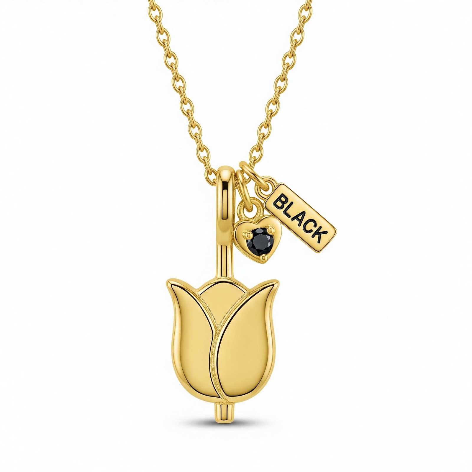 Custom Tulip Flower Necklace with Black Stone – Personalized Gold Charm Necklace with Birthstone