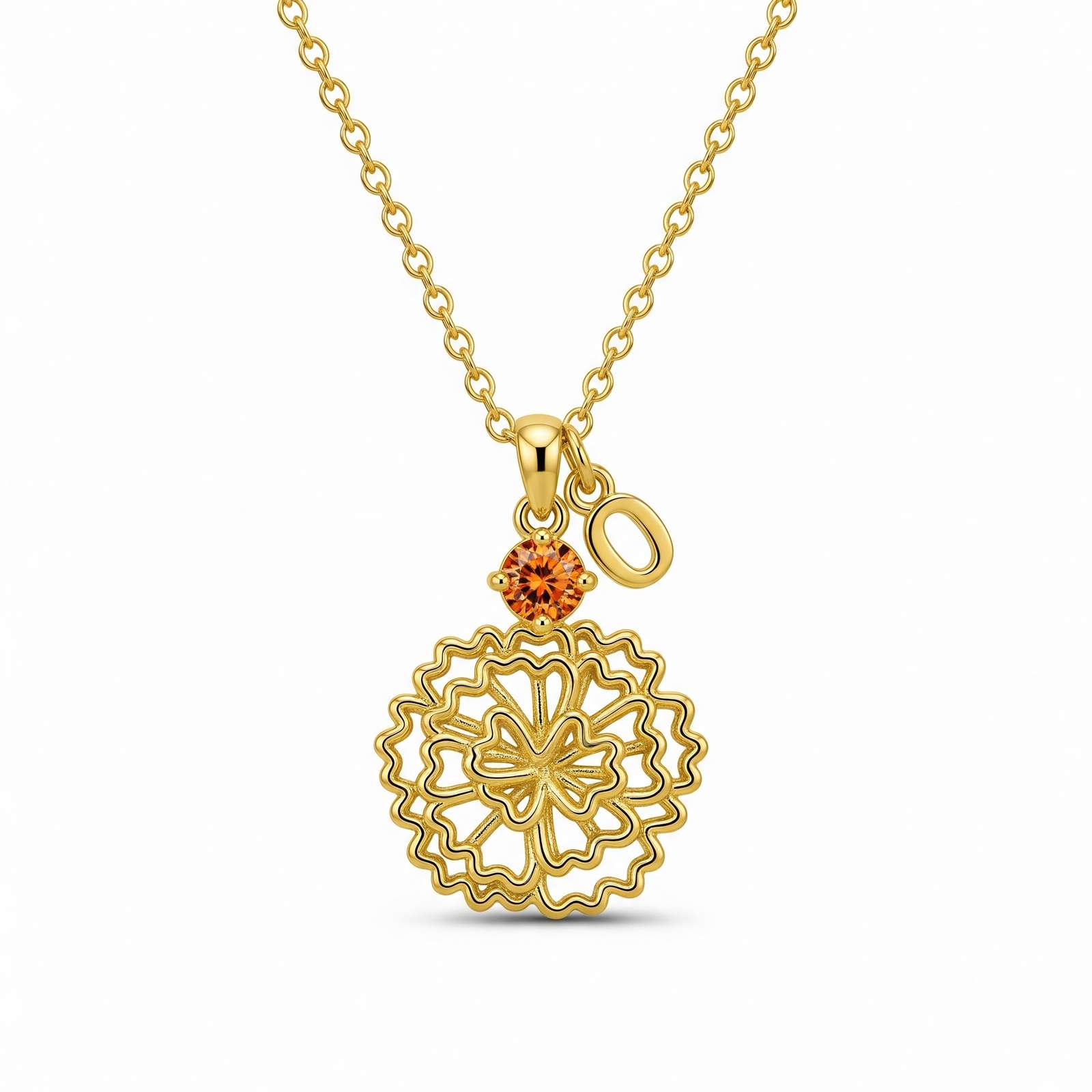 Custom Birth Month Flower Birthstone Charm Necklace - Gold Marigold Flower Pendant with Citrine, Personalized November Birthstone Floral Necklace