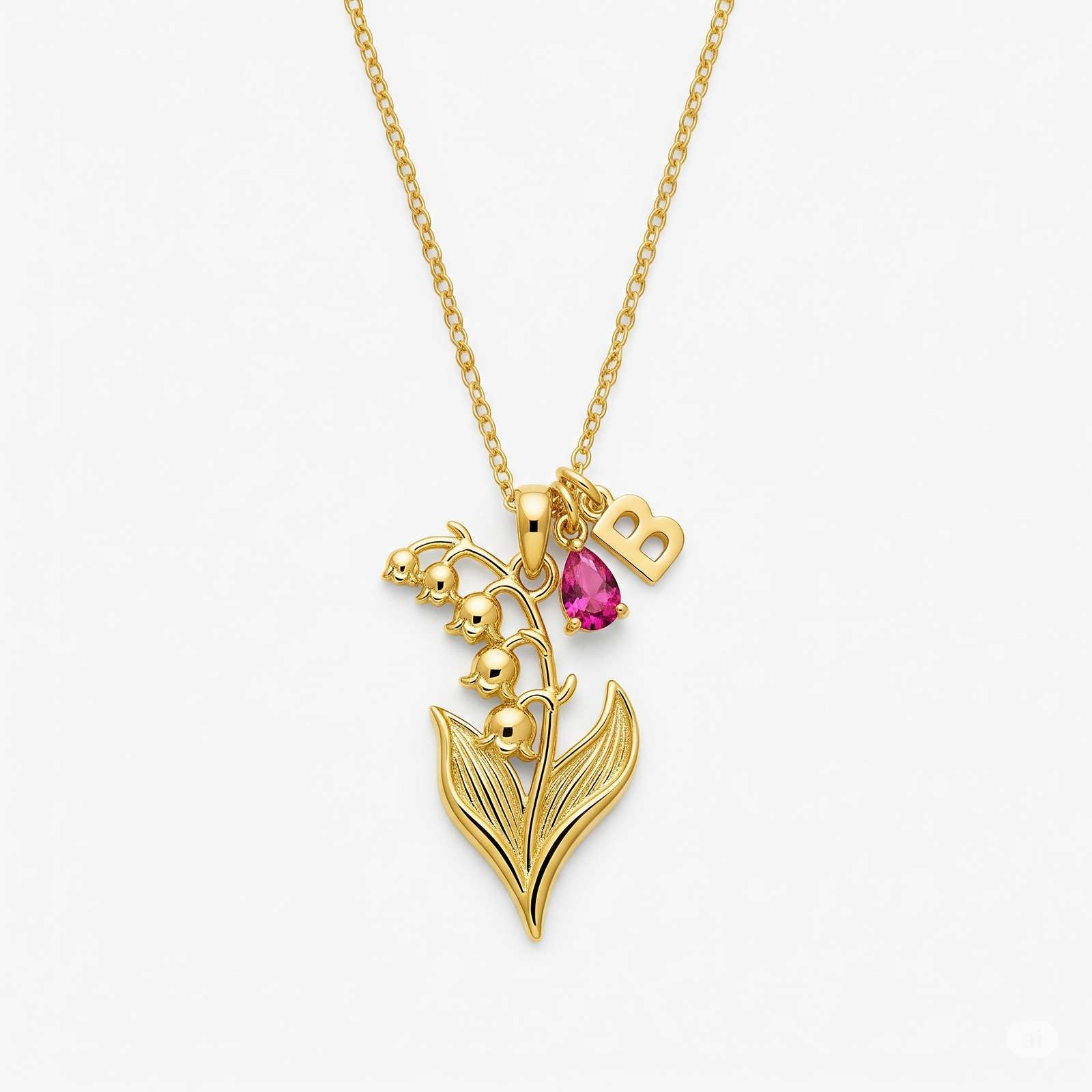 Custom Birth Month Flower Necklace - Personalized Birthstone Charm Necklace in Yellow Gold Lily Pendant