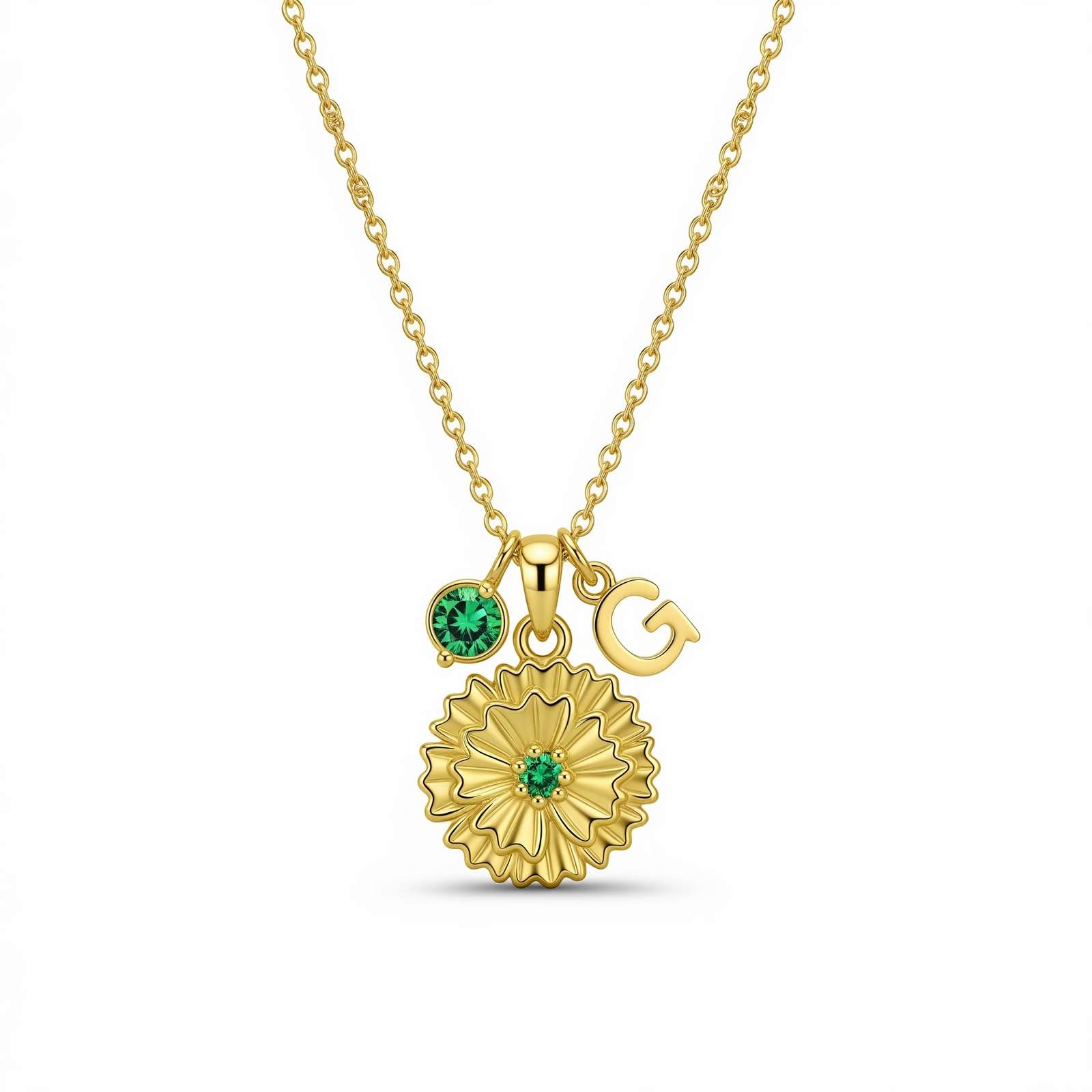 Custom Birth Month Flower Birthstone Charm Necklace | Personalized Gold Initial Flower Pendant | Emerald Daisy Necklace with Letter Charm
