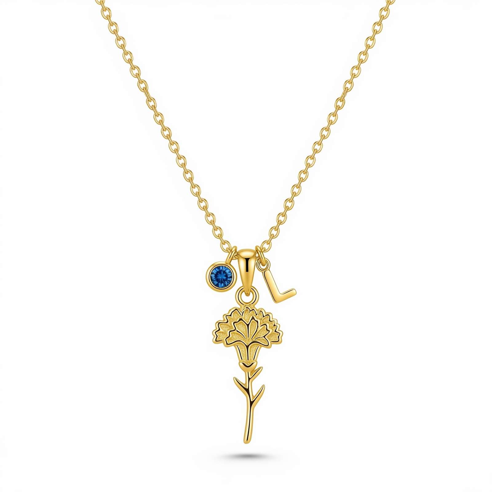 Custom Birthstone Charm Necklace - Personalized Gold Flower Charm Necklace with Initial, Birthstone Pendant