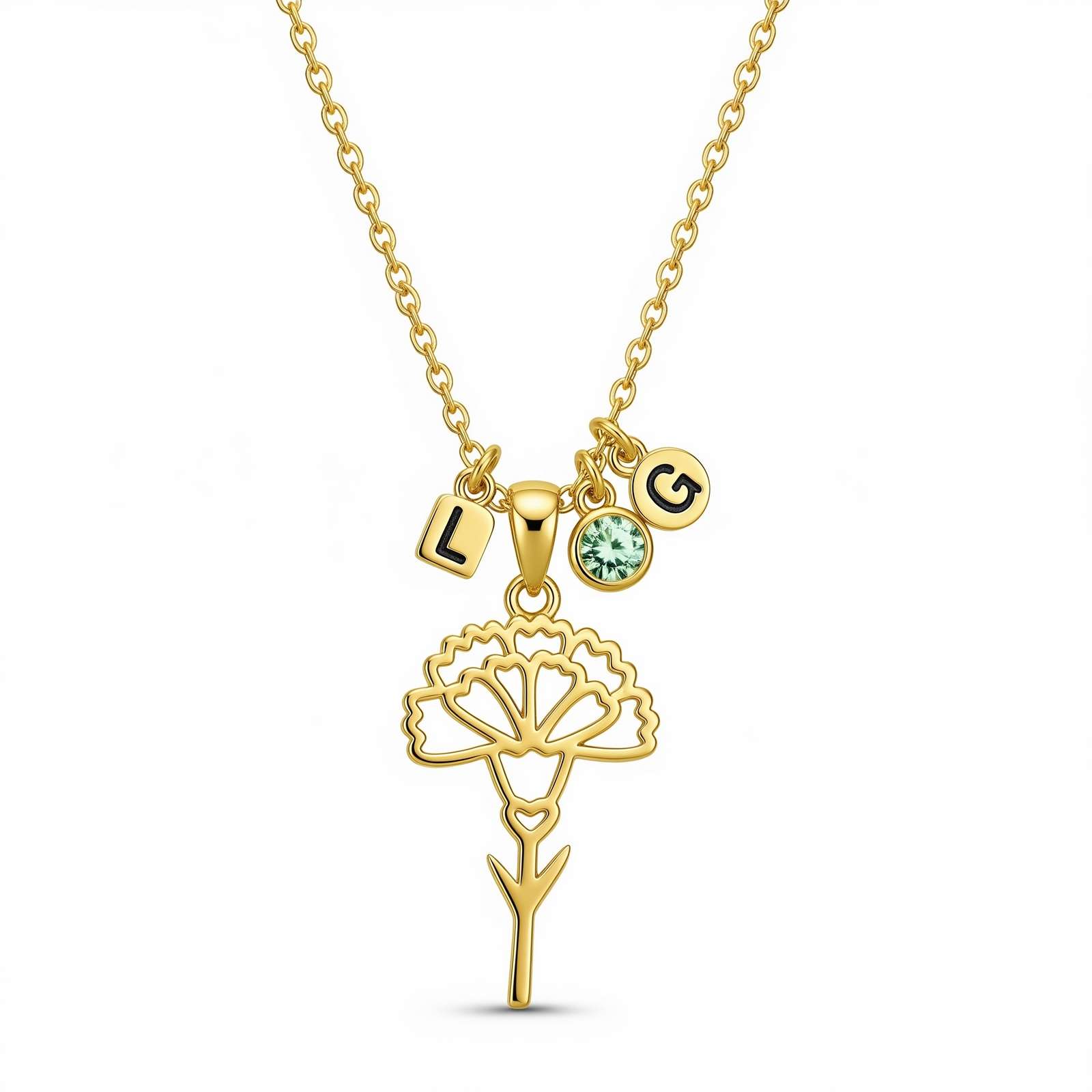 Custom Flower Birthstone Charm Necklace – Personalized Gold Charm Necklace with L and G Initials