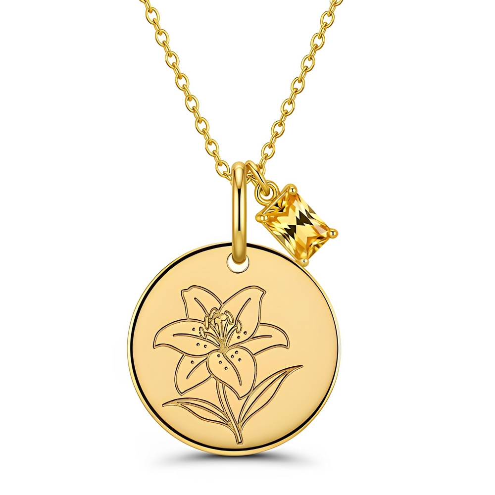Custom Birth Month Flower Birthstone Charm Necklace - Personalized Lily Flower Gold Pendant Necklace with Engraved Floral Birthstone Charm Jewelry