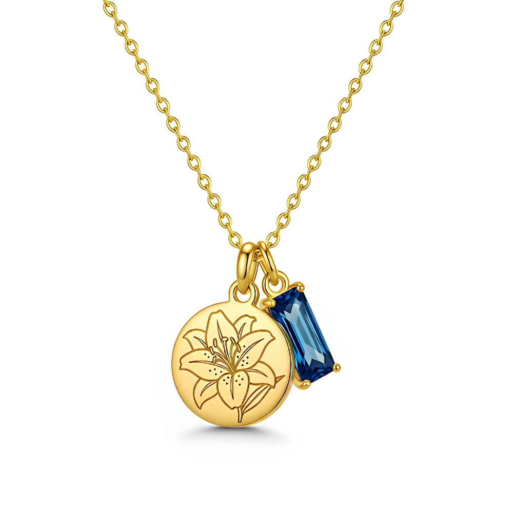 Custom Birth Month Flower Birthstone Charm Necklace – Personalized Gold Lily Flower Blue Birthstone Pendant – Unique Gold Floral Birthstone Necklace for Everyday Elegance