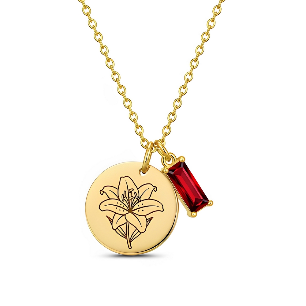 Custom Birth Month Flower Birthstone Charm Necklace – Personalized Flower and Birthstone Name Necklace – Elegant Birth Month Floral Charm Pendant for Women