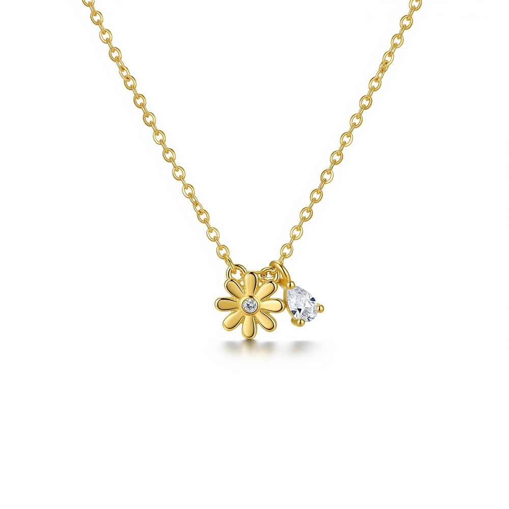 Custom Birth Flower and Birthstone Necklace – Elegant Daisy Birth Month Flower Charm Necklace with Gold Daisy Pendant and Crystal Charm