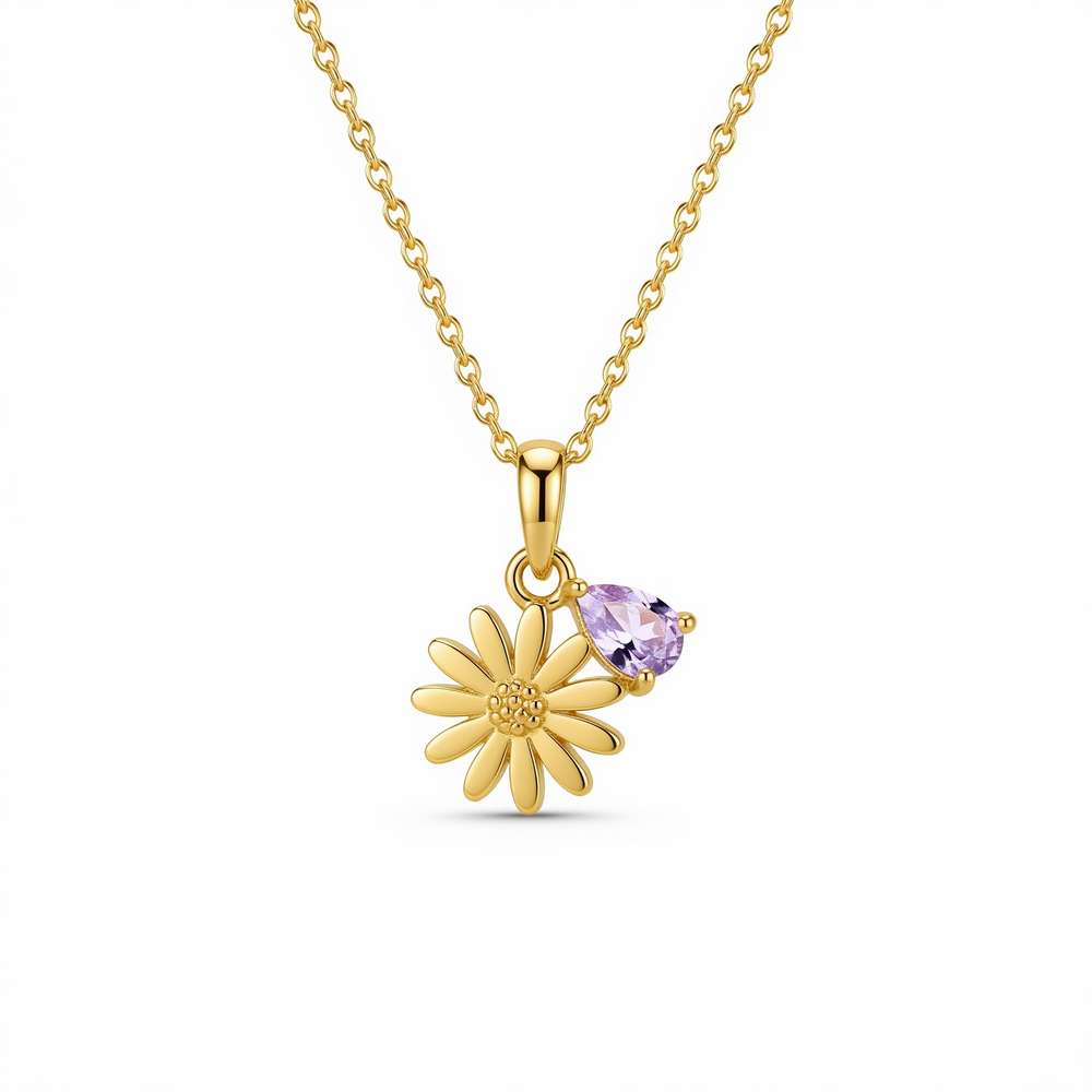 Custom Birth Month Flower Birthstone Charm Necklace – Gold Daisy Pendant Necklace with Amethyst Charm – Personalized Floral Birthstone Gold Necklace