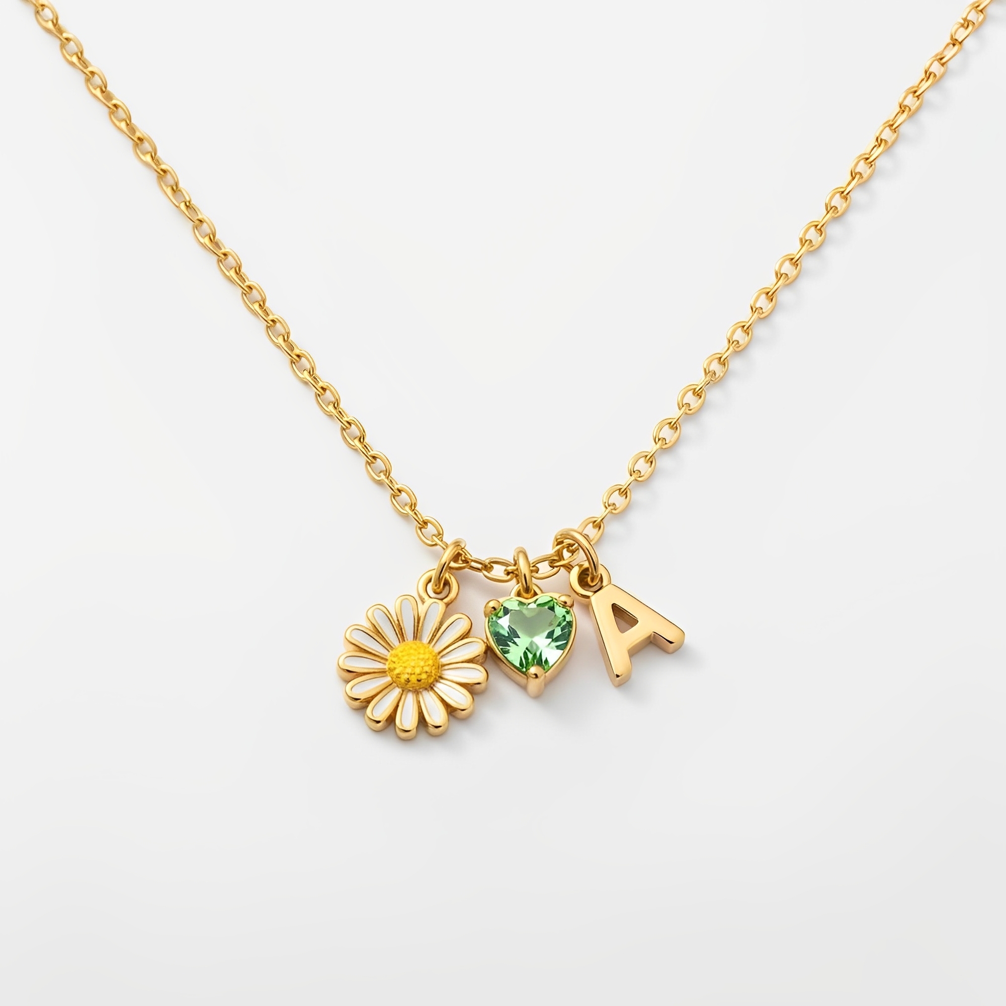 Custom Birth Month Flower Birthstone Charm Necklace – Personalized Daisy Initial Birthstone Necklace – Gold Daisy Letter Charm Necklace for Everyday Elegance