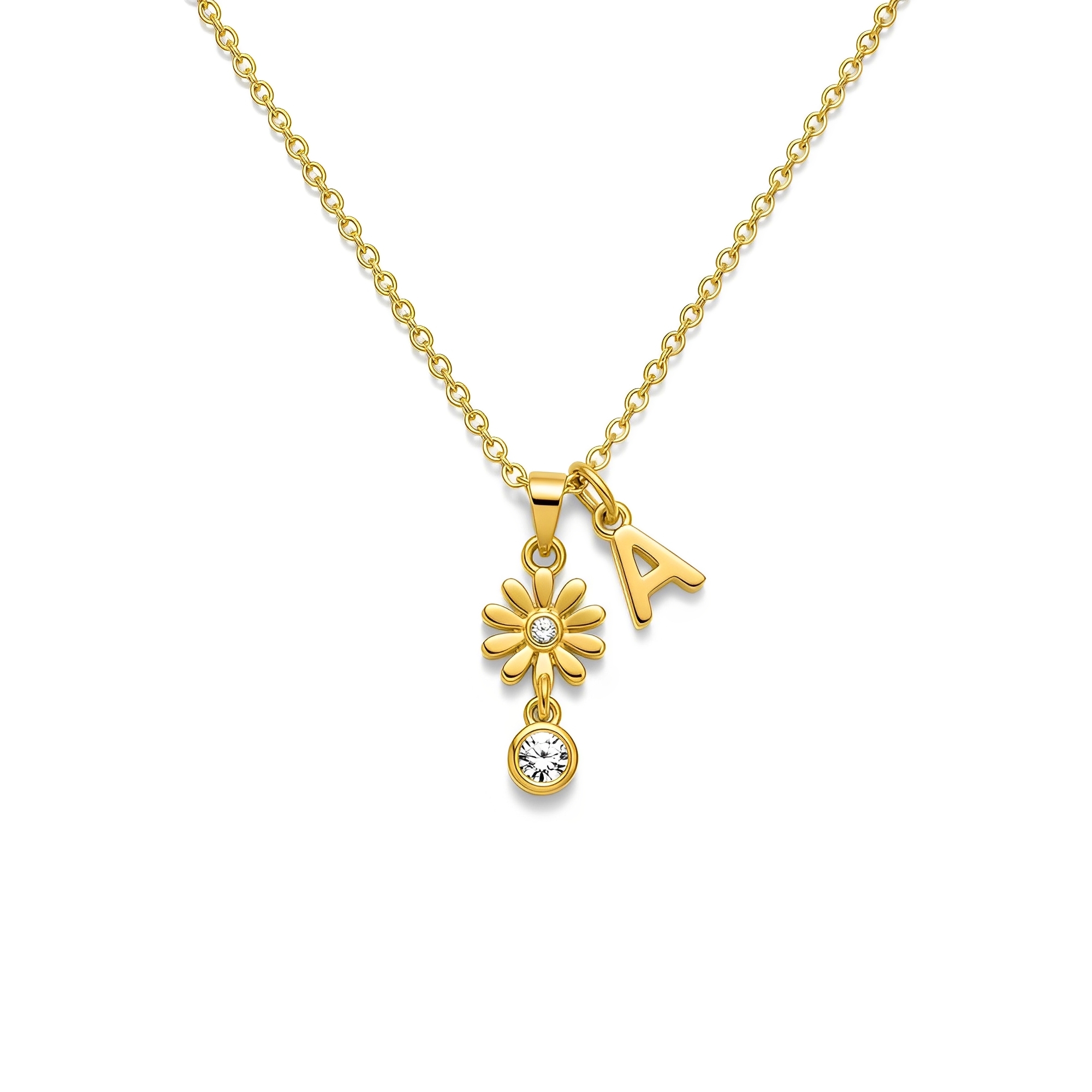 Custom Initial Charm Necklace, Personalized Flower and Birthstone Necklace, Gold Letter Pendant Necklace