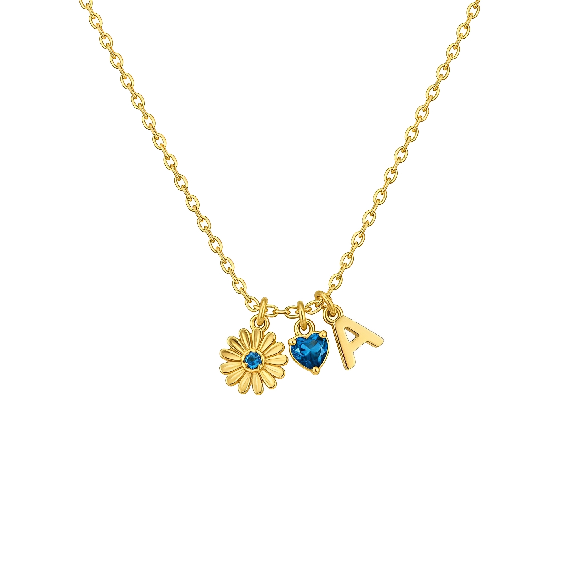 Custom Birth Month Flower Birthstone Charm Necklace, Personalized Initial Flower Birthstone Necklace, Gold Daisy Heart Charm Initial Necklace