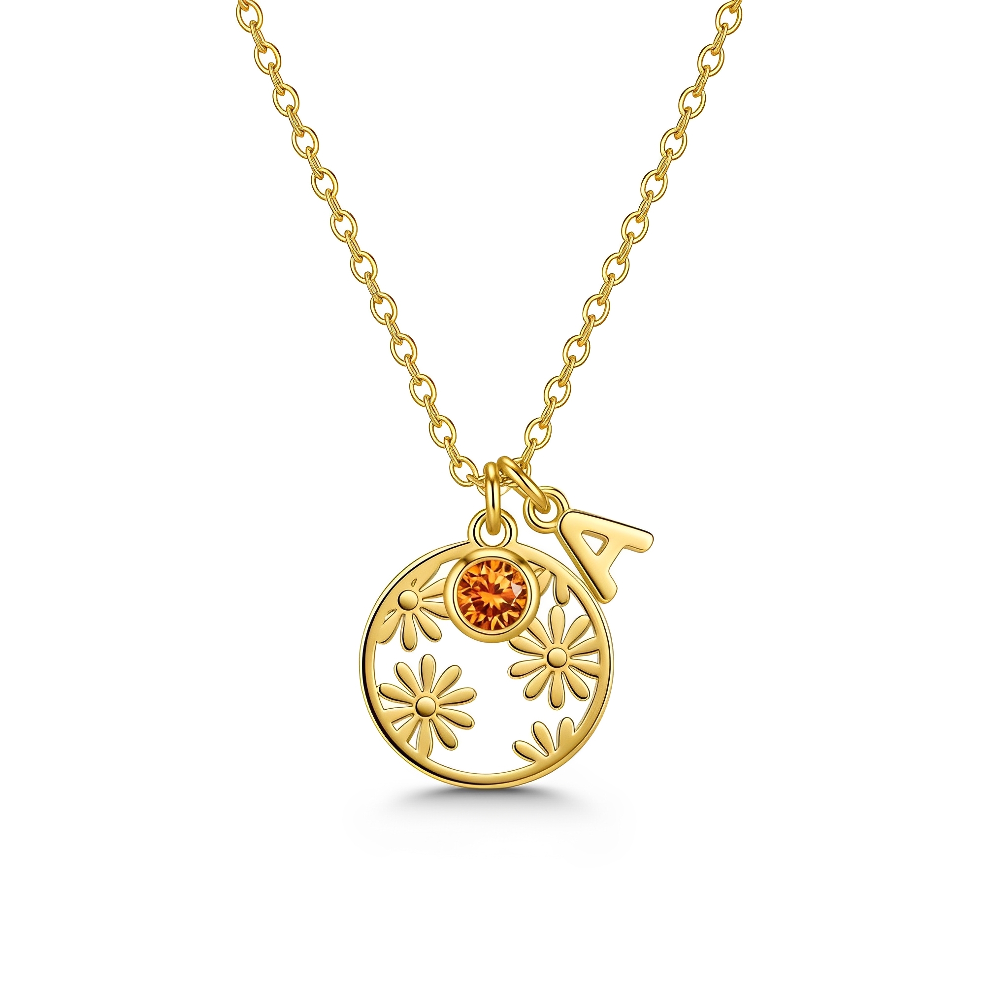 Custom Birthstone Flower Necklace - Personalized Floral Charm Necklace with Yellow Gold Initial Birthstone Pendant