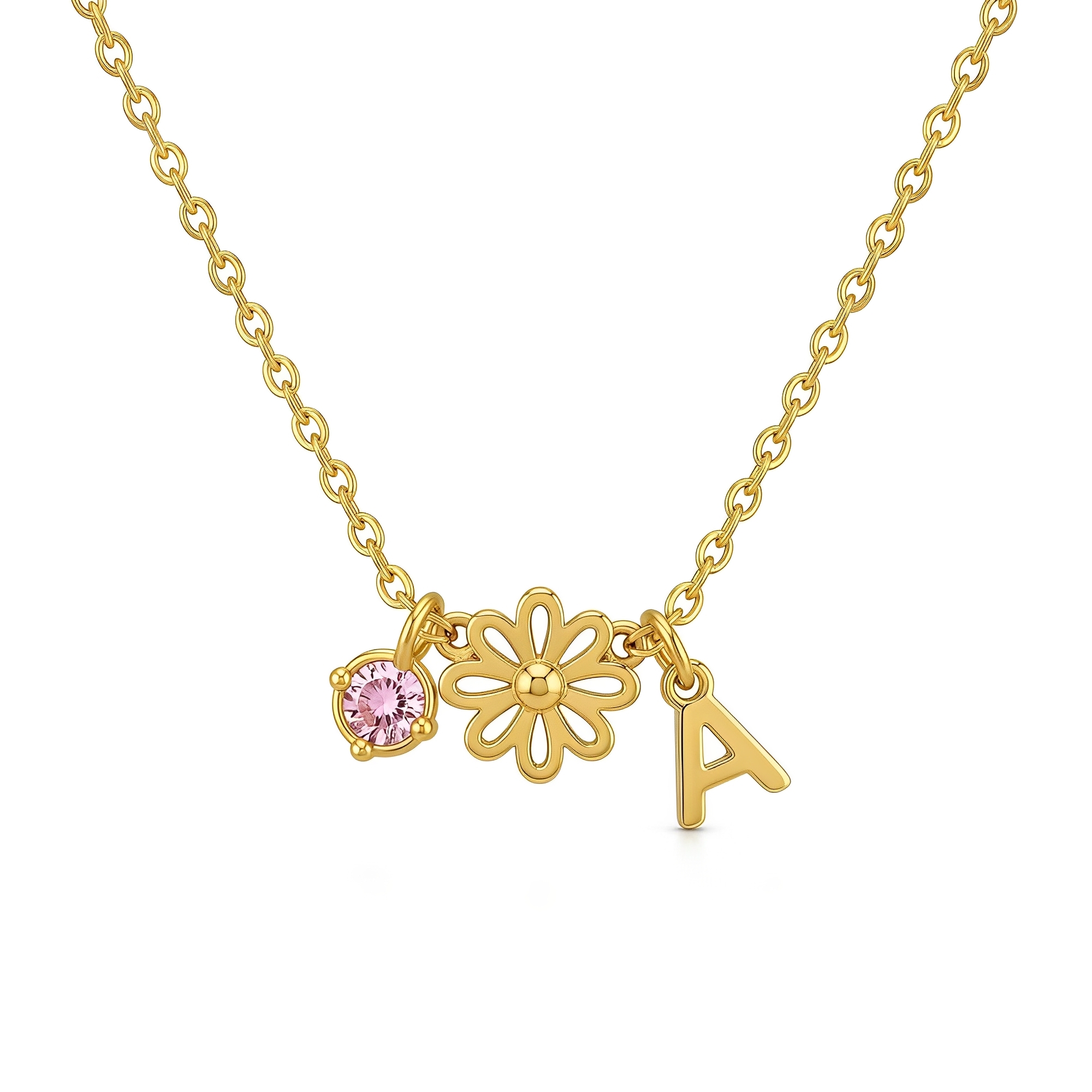 Custom Birth Month Flower Birthstone Charm Necklace – Gold Daisy Initial Necklace with Pink Gemstone – Personalized Floral Letter Pendant Necklace