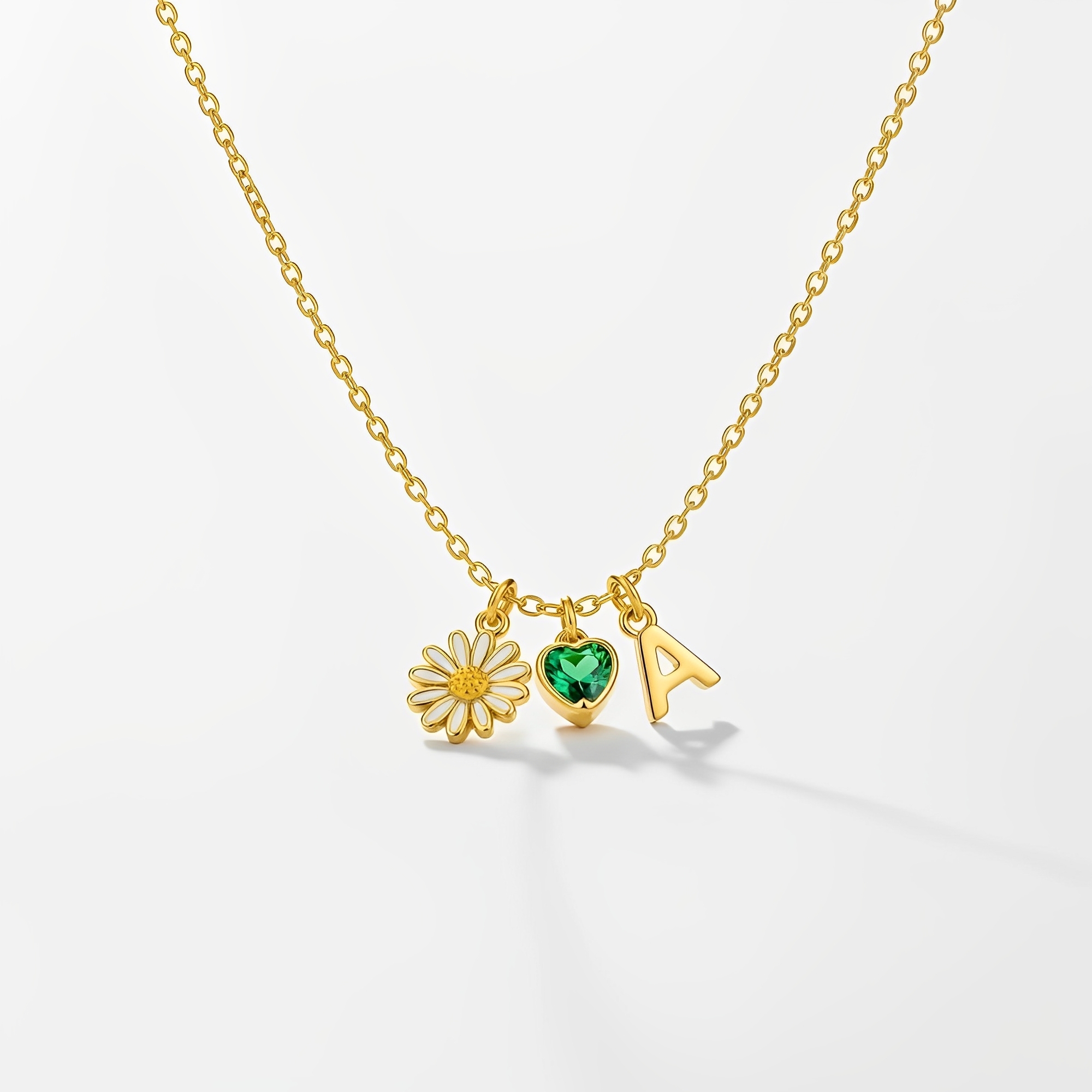 Elegant Gold Daisy Heart Letter Pendant Necklace – A Custom Flower Birthstone Charm Necklace and Personalized Initial Charm Necklace in One