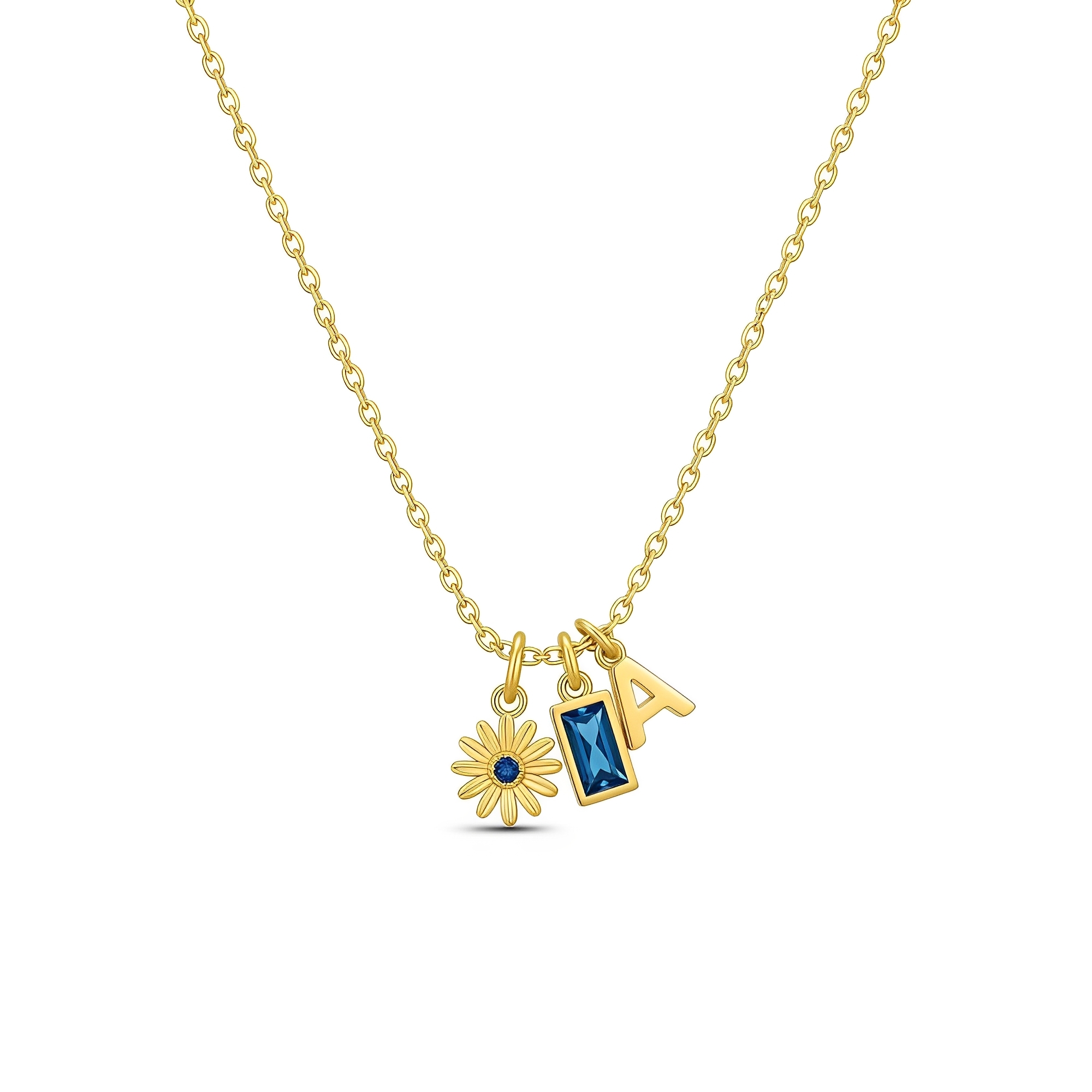Personalized Gold Pendant Necklace with Daisy Charm Jewelry and Charm Necklace with Blue Gemstone – Elegant, Meaningful, and Uniquely Yours