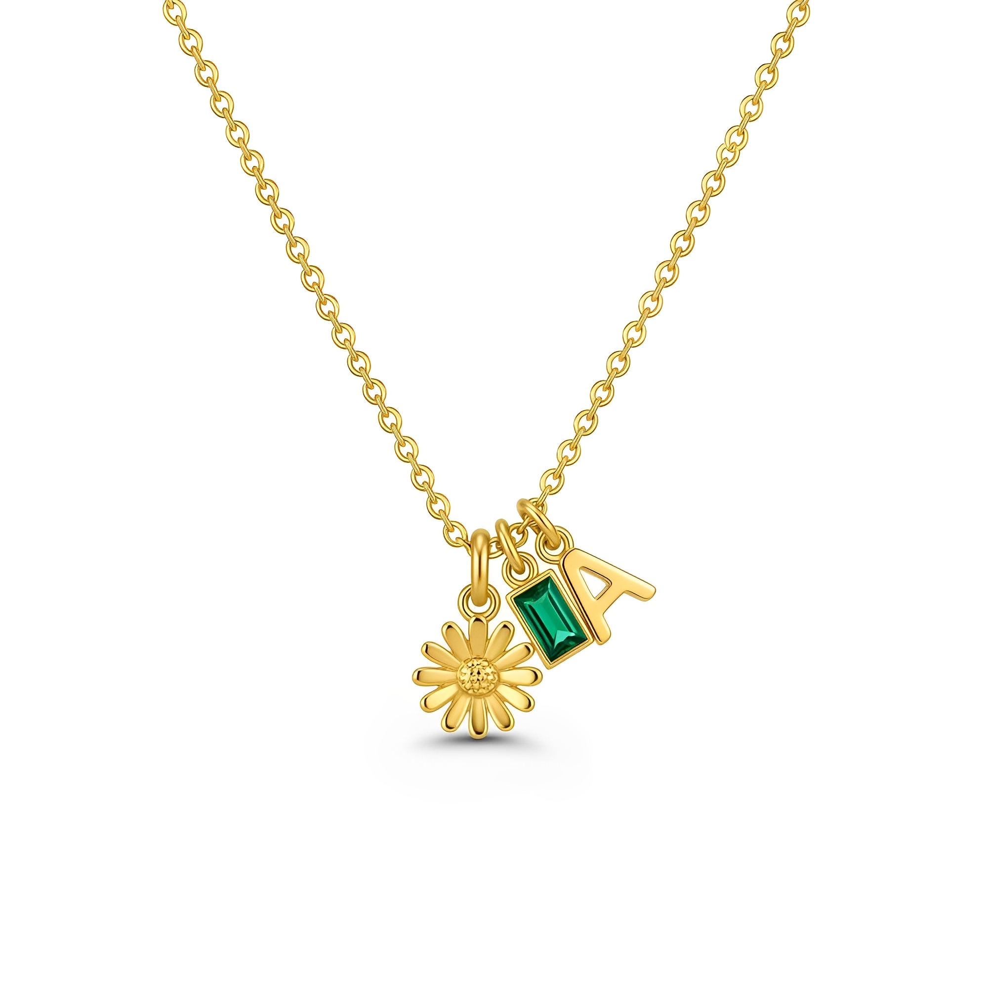 Personalized Gold Initial Necklace with Daisy Charm and Emerald Birthstone Pendant – Dainty Letter Jewelry for Everyday Elegance