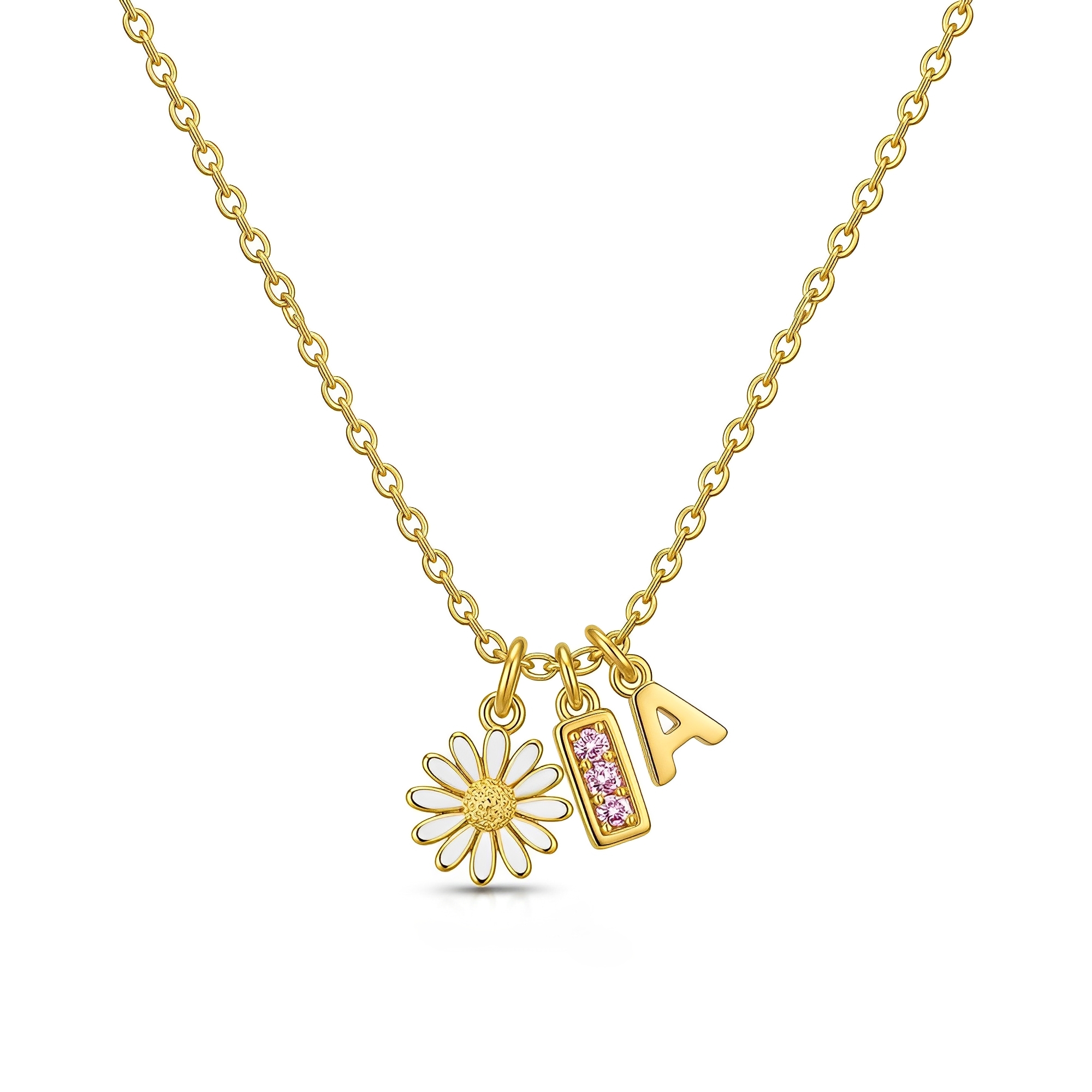 Custom Birth Month Flower Birthstone Charm Necklace | Gold Daisy Initial Charm Necklace with Personalized Letter & Birthstone Floral Pendant