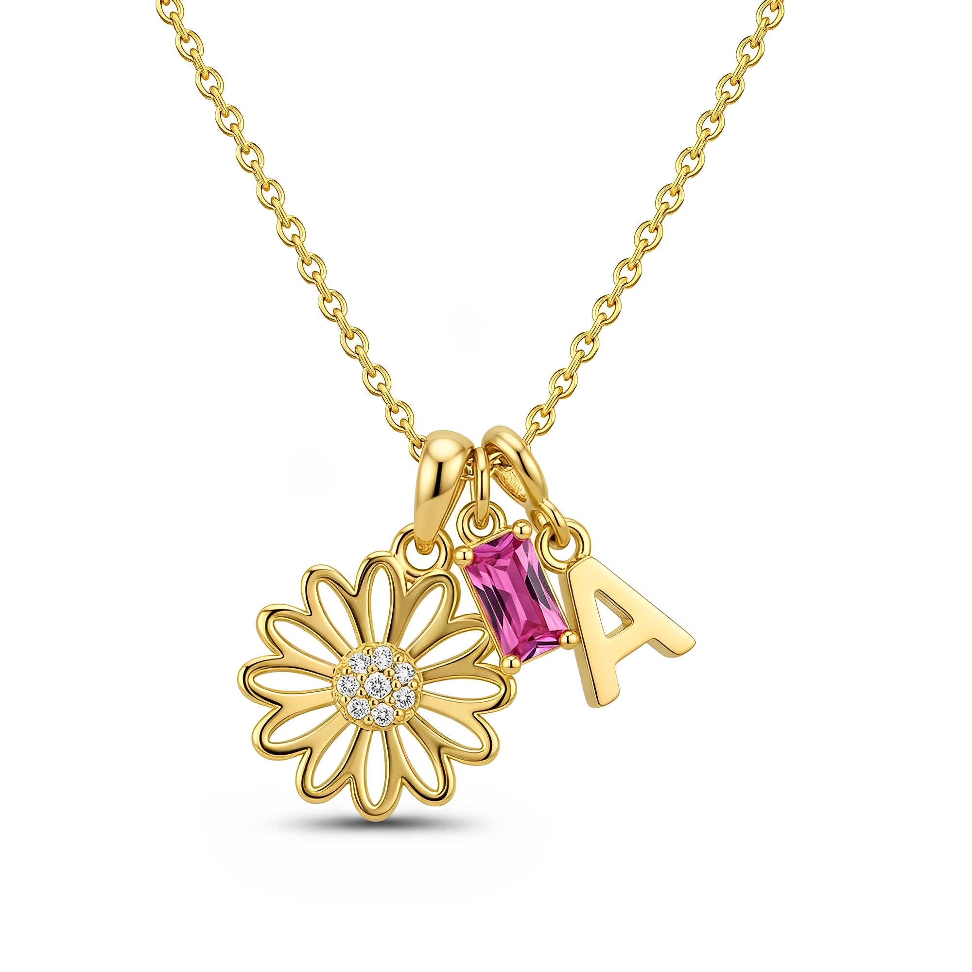 Personalized Gold Daisy Initial Necklace with Birthstone Flower Charm Pendant