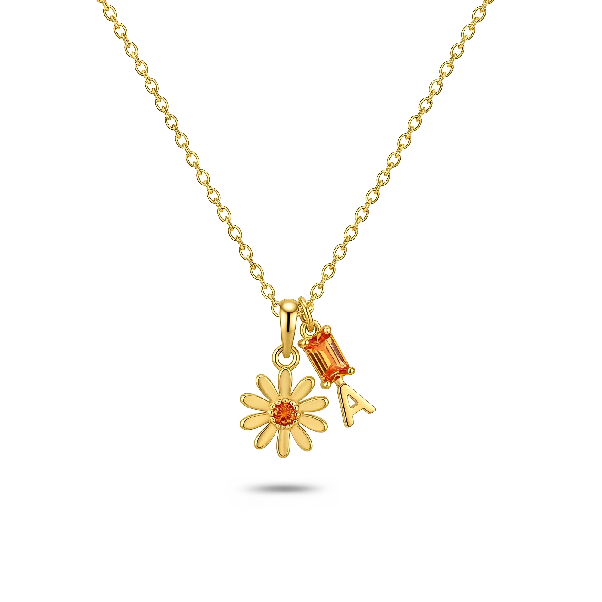 Personalized Daisy Pendant Necklace with Orange Gemstone in Yellow Gold – Custom Letter Jewelry