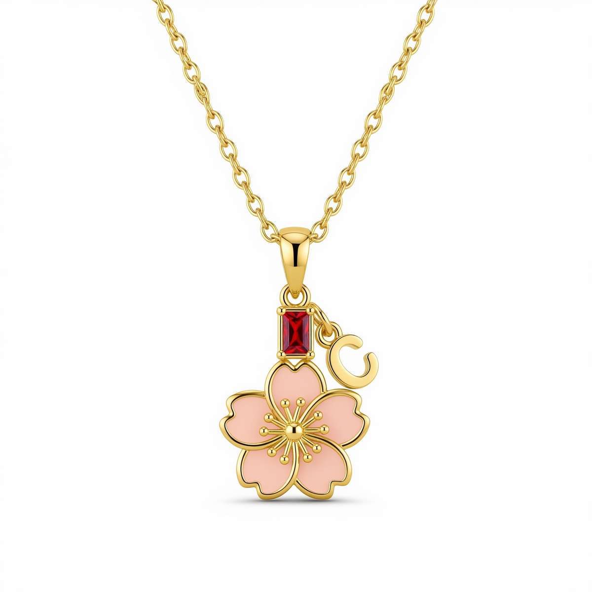 Custom Birth Month Flower Birthstone Charm Necklace – Gold Cherry Blossom Moon Pendant Necklace – Personalized Sakura Flower Charm Jewelry