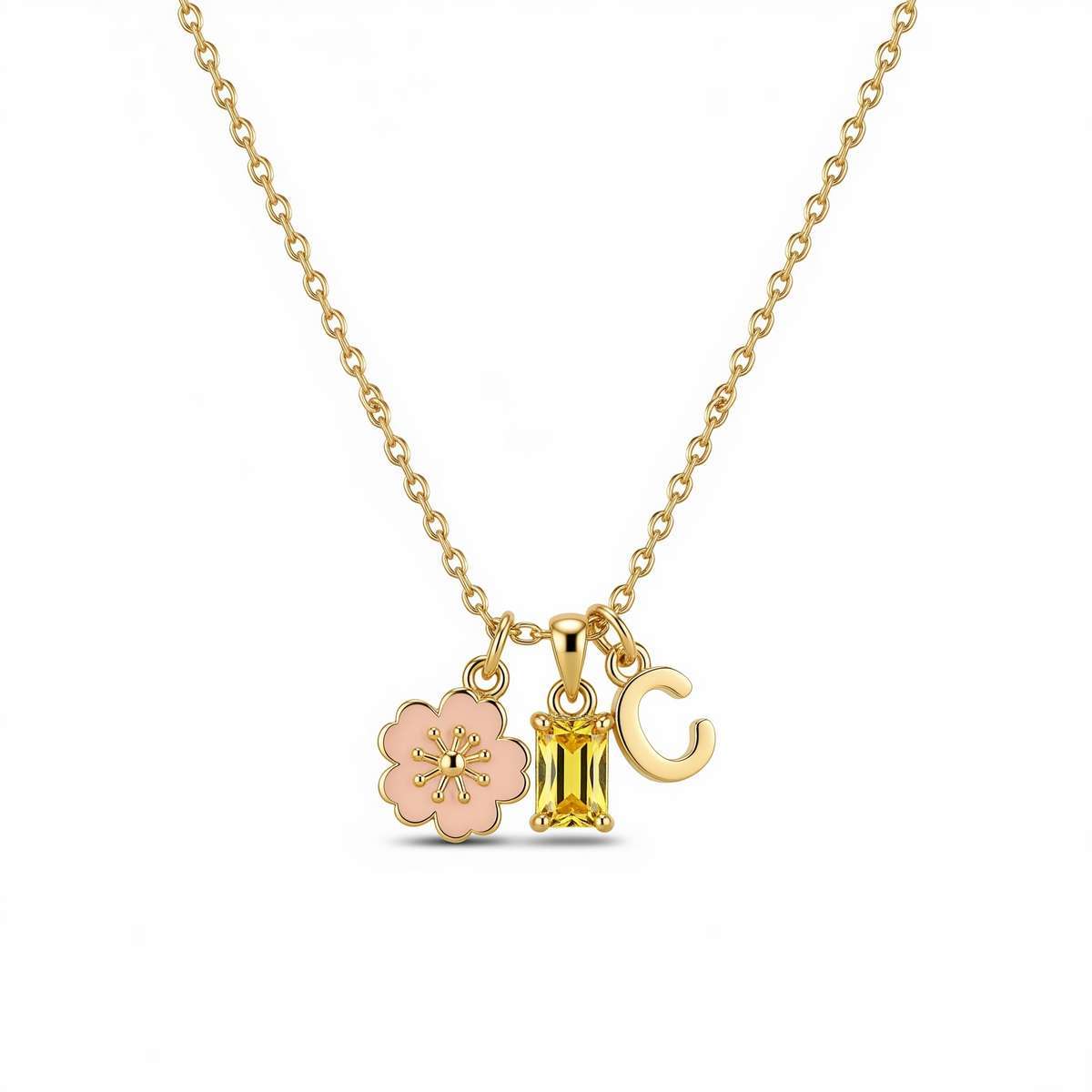 Custom Birth Month Flower Birthstone Charm Necklace – Personalized Flower Initial Birthstone Necklace with Gold Letter Charm Floral Pendant Necklace