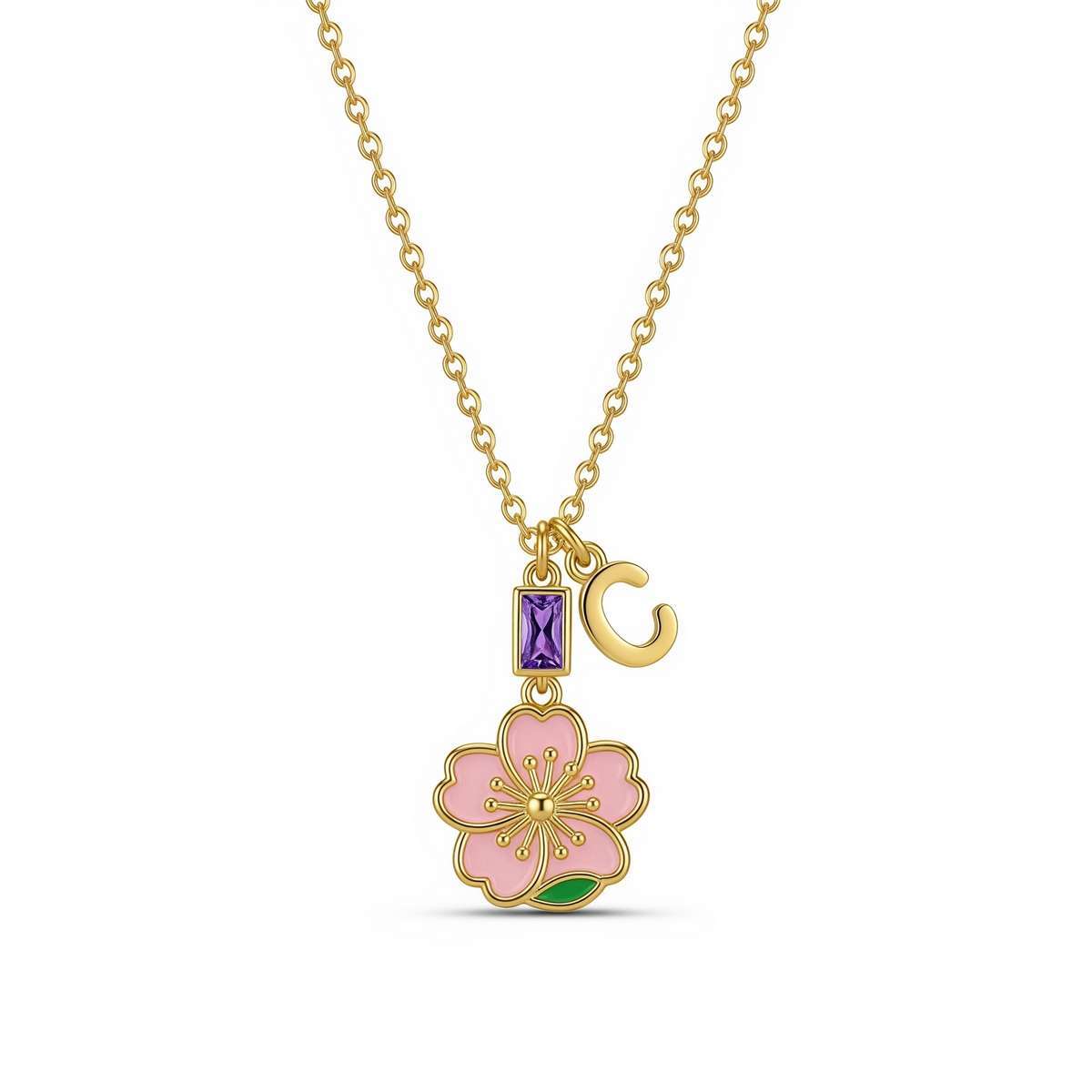 Cherry Blossom Necklace with Gold Flower Pendant and Purple Gemstone Jewelry Accents – A Delicate Blend of Elegance and Charm