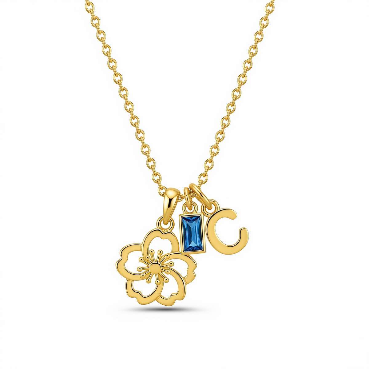 Elegant Gold Flower Initial Necklace – Personalized Gold Charm Necklace with Custom Letter Birthstone Pendant in Blooming Floral Design