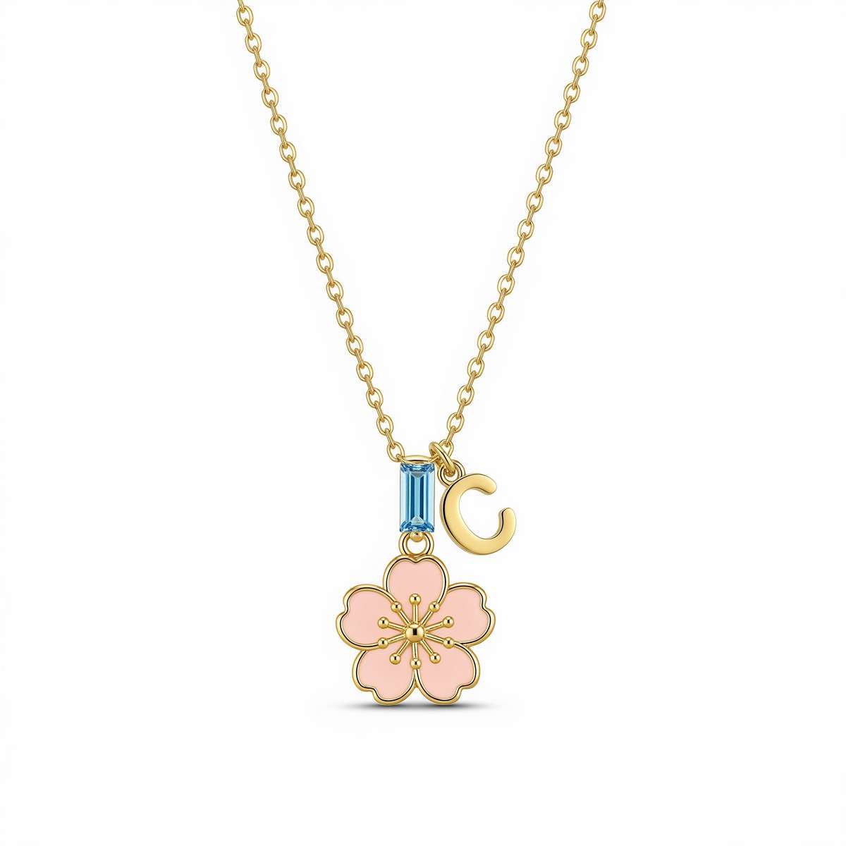 Elegant Cherry Blossom Necklace with Pink Flower Gold Pendant and Delicate Moon Charm Jewelry for Everyday Elegance