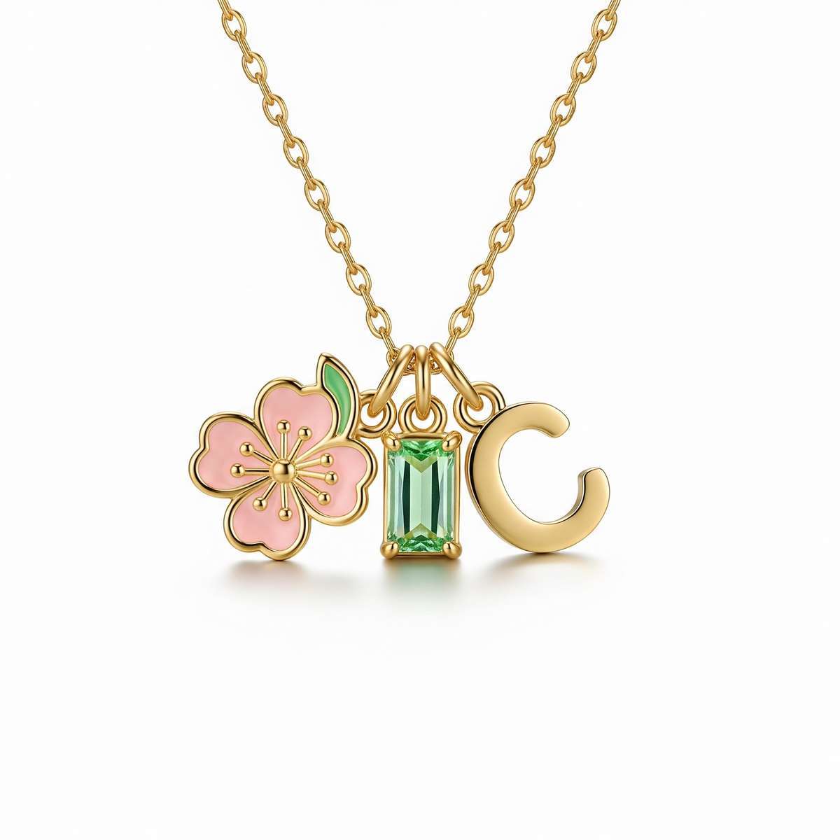 Elegant Gold Custom Flower Birthstone Pendant with Personalized Charm – Custom Birth Flower Initial Necklace & Personalized Birthstone Letter Charm Necklace Gift