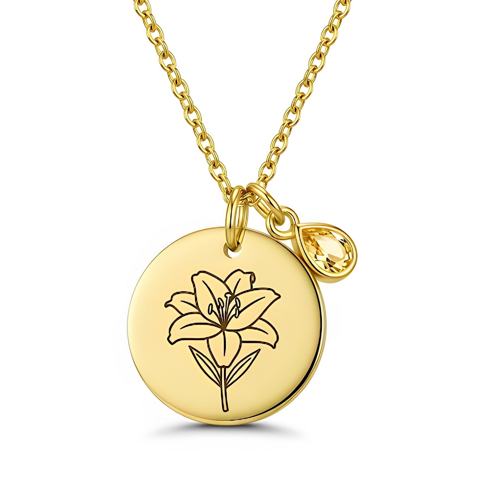 Elegant gold lily flower pendant necklace – personalized floral birthstone jewelry with custom birth month flower birthstone charm necklace design