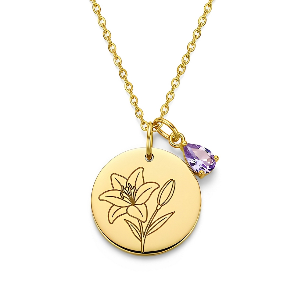 Custom Birth Month Flower Birthstone Charm Necklace – Personalized Lily Flower Gold Necklace – Elegant Gold Floral Birthstone Pendant Necklace