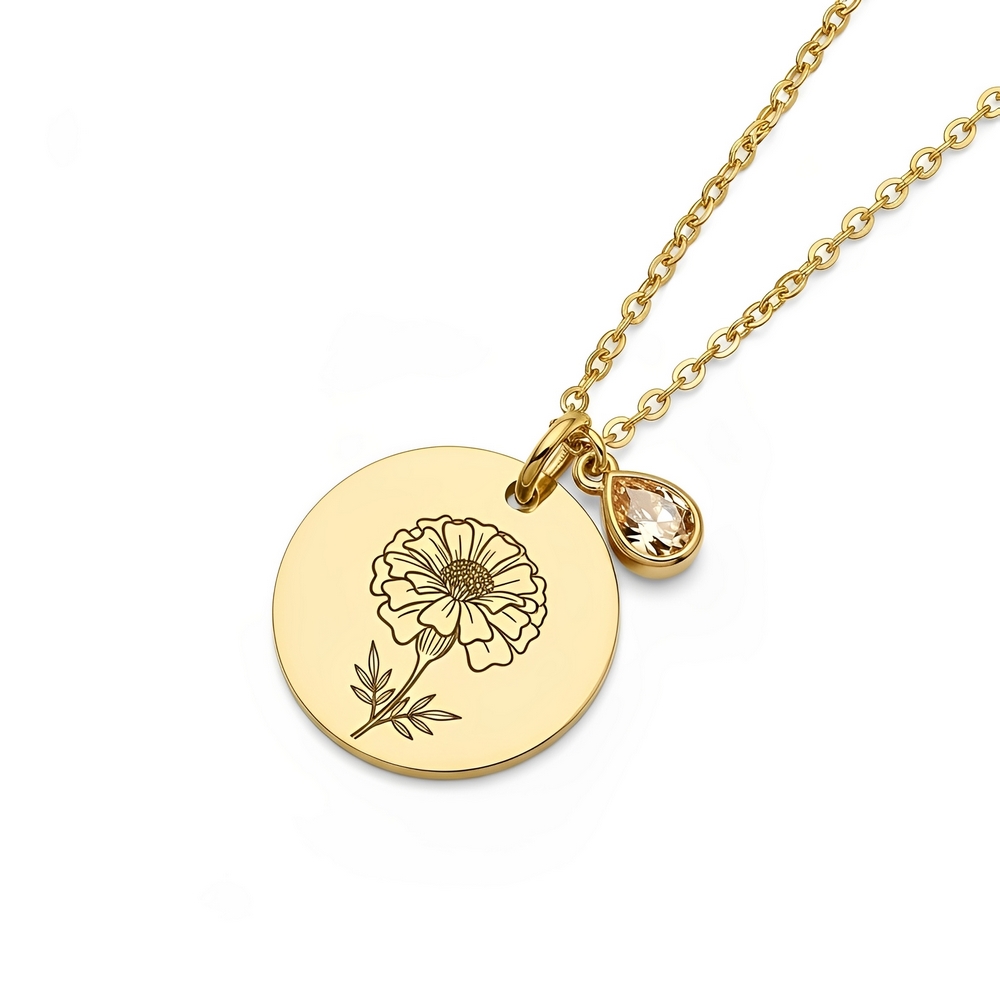 Custom Birth Month Flower Birthstone Charm Necklace – Gold Floral Birthstone Pendant Necklace with Personalized Flower Charm Necklace for Women