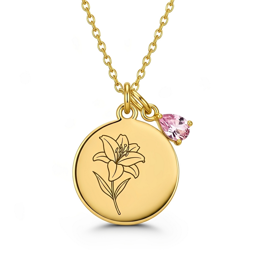 Custom Birth Month Flower Necklace with Floral Charm & Birthstone Pendant – Personalized Flower Pendant with Birthstone