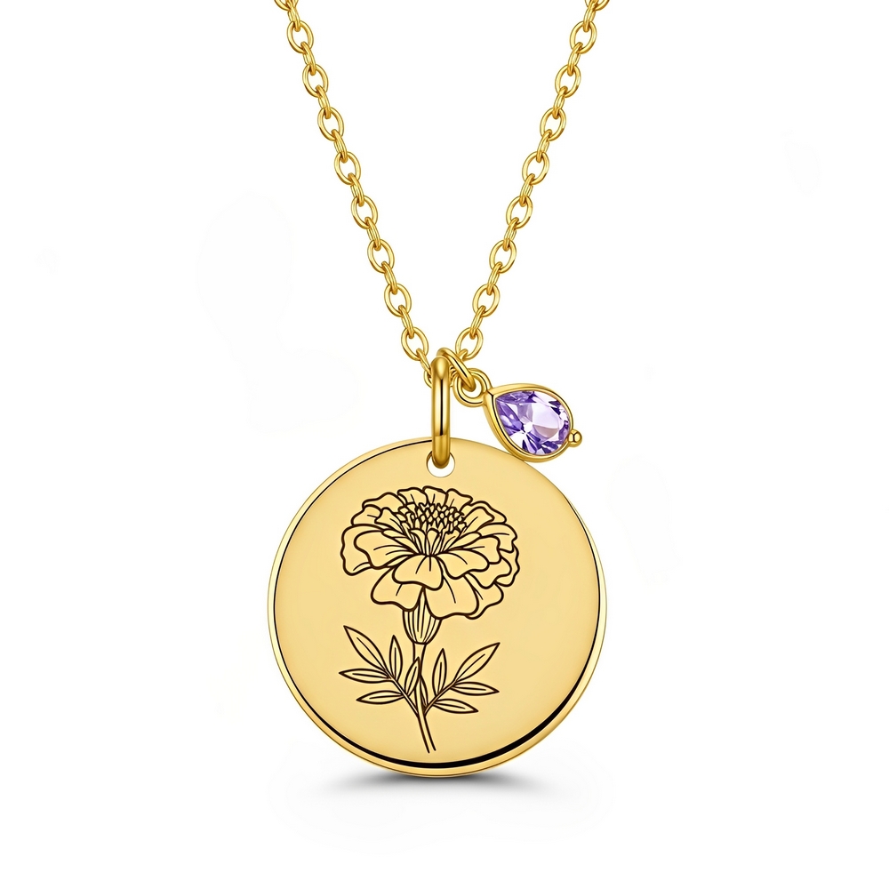 Personalized Birthstone Necklace with Flower Charm Pendant - Custom Birth Flower Necklace
