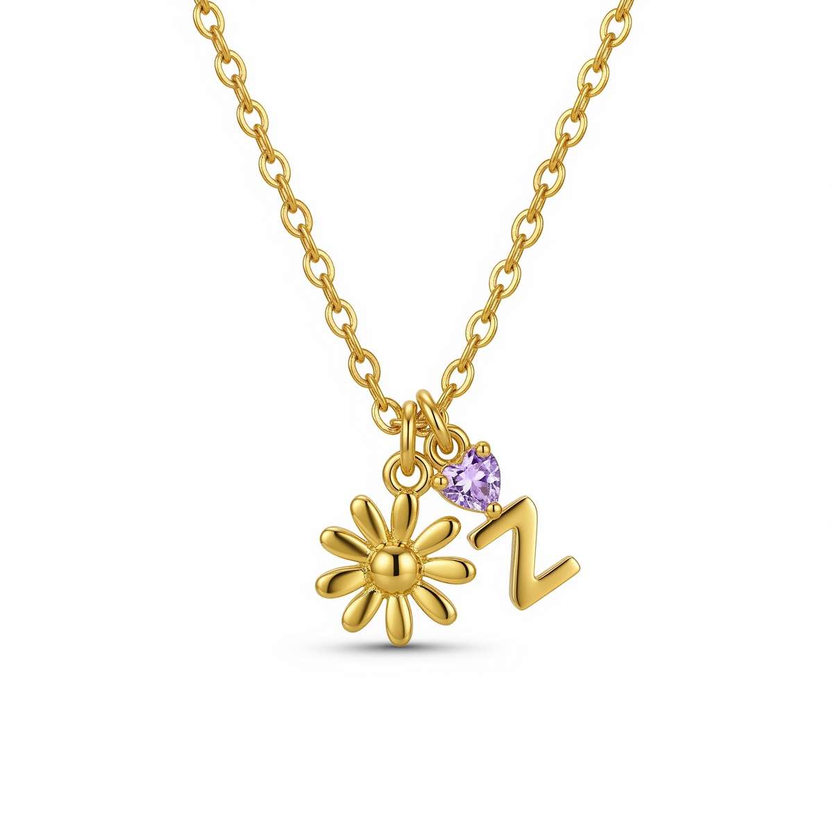 Custom Birth Flower Birthstone Necklace with Gold Initial Daisy Charm and Personalized Letter Pendant with Amethyst Heart