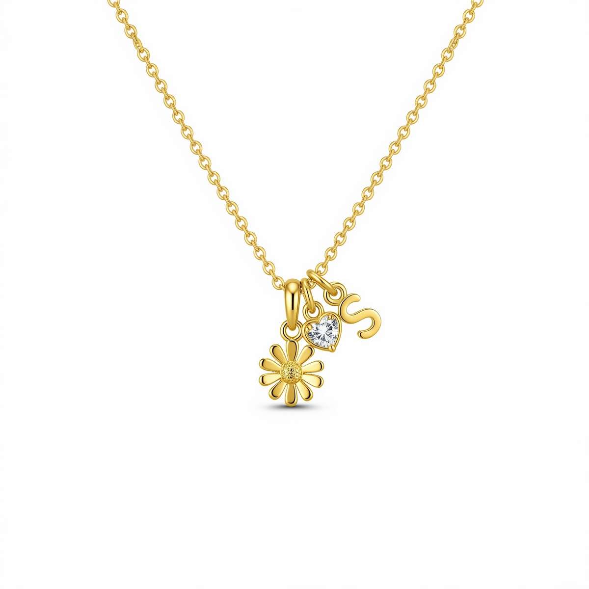 Daisy Pendant Necklace with Yellow Gold Charm and Personalized Heart Jewelry