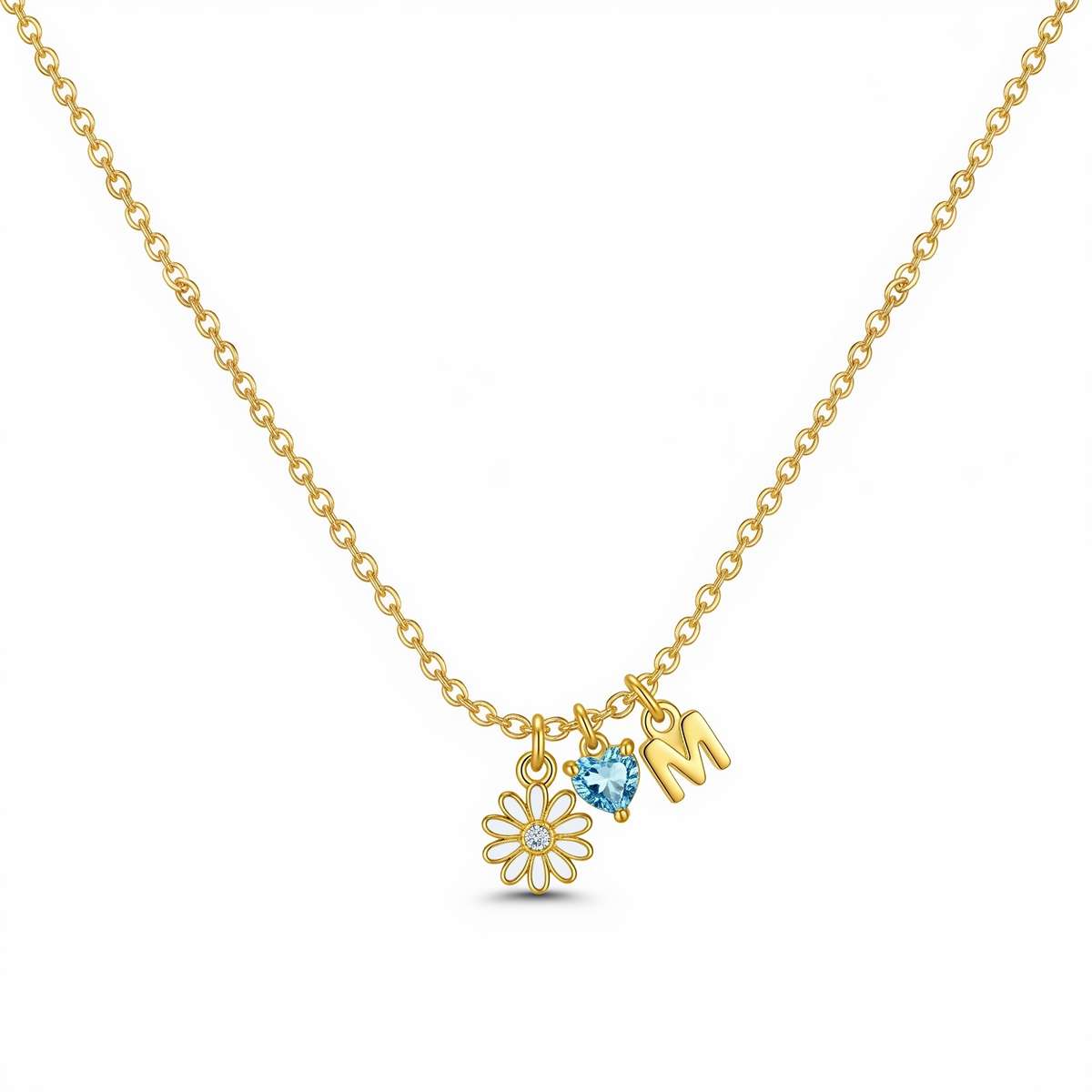 Custom Birthstone Charm Necklace – March Birthstone Necklace with Personalized Flower Charm for Unique Jewelry Gift