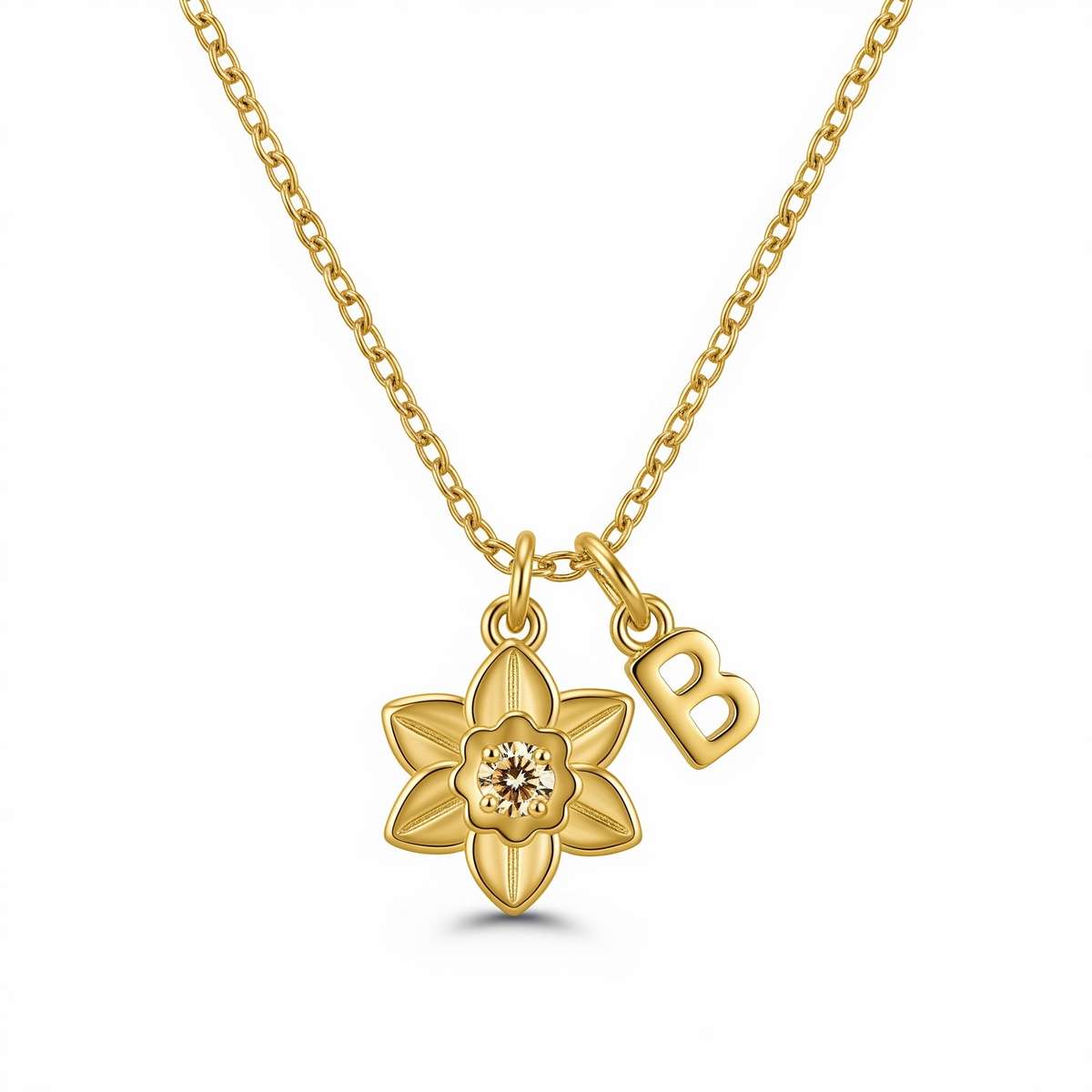Custom Birth Month Flower Birthstone Charm Necklace - Personalized Gold Flower Initial Necklace with Daffodil Birth Flower Pendant & Letter Charm