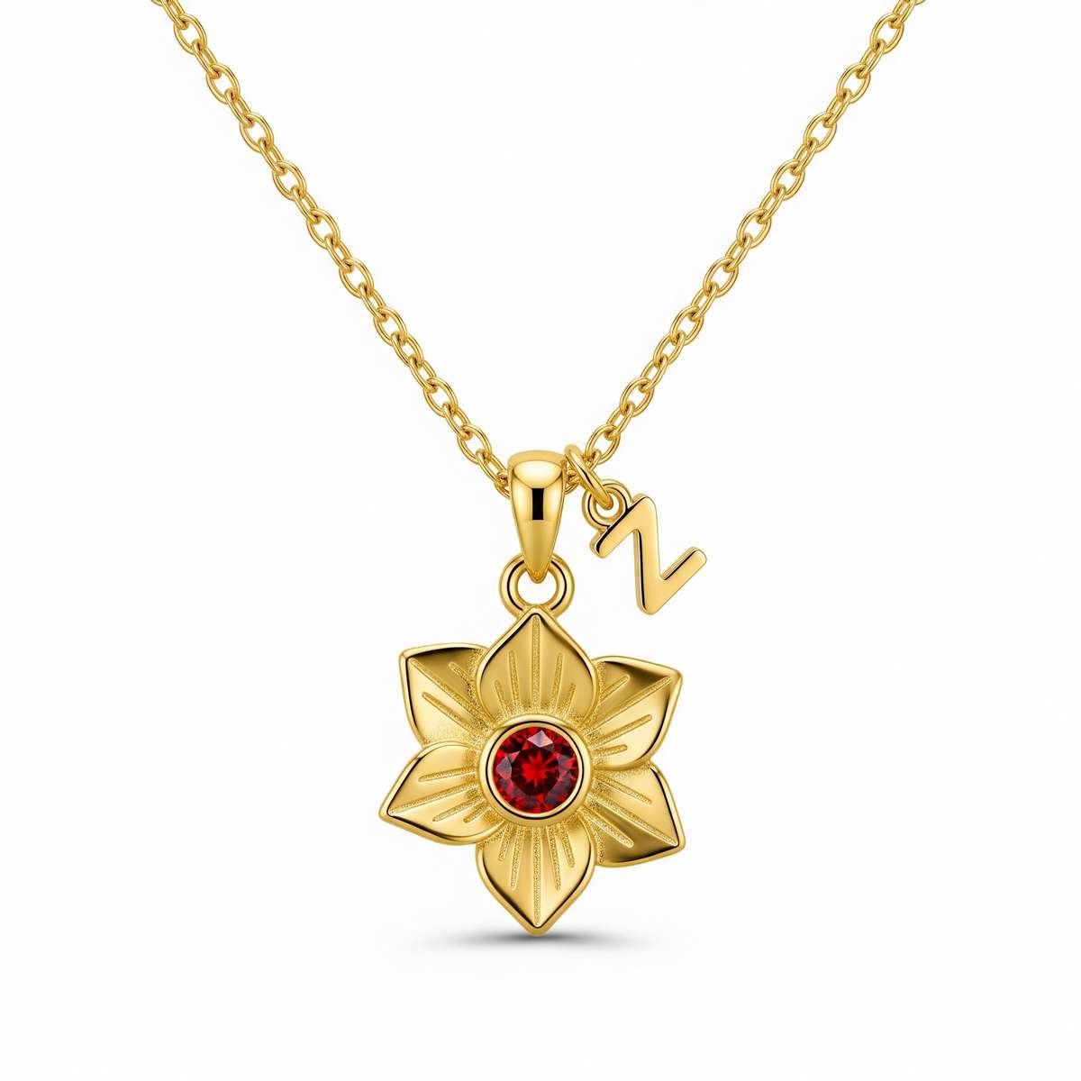 Custom Birth Month Flower Birthstone Charm Necklace – Gold Flower Initial Birthstone Necklace – Personalized Floral Birthstone Pendant Gift for Her