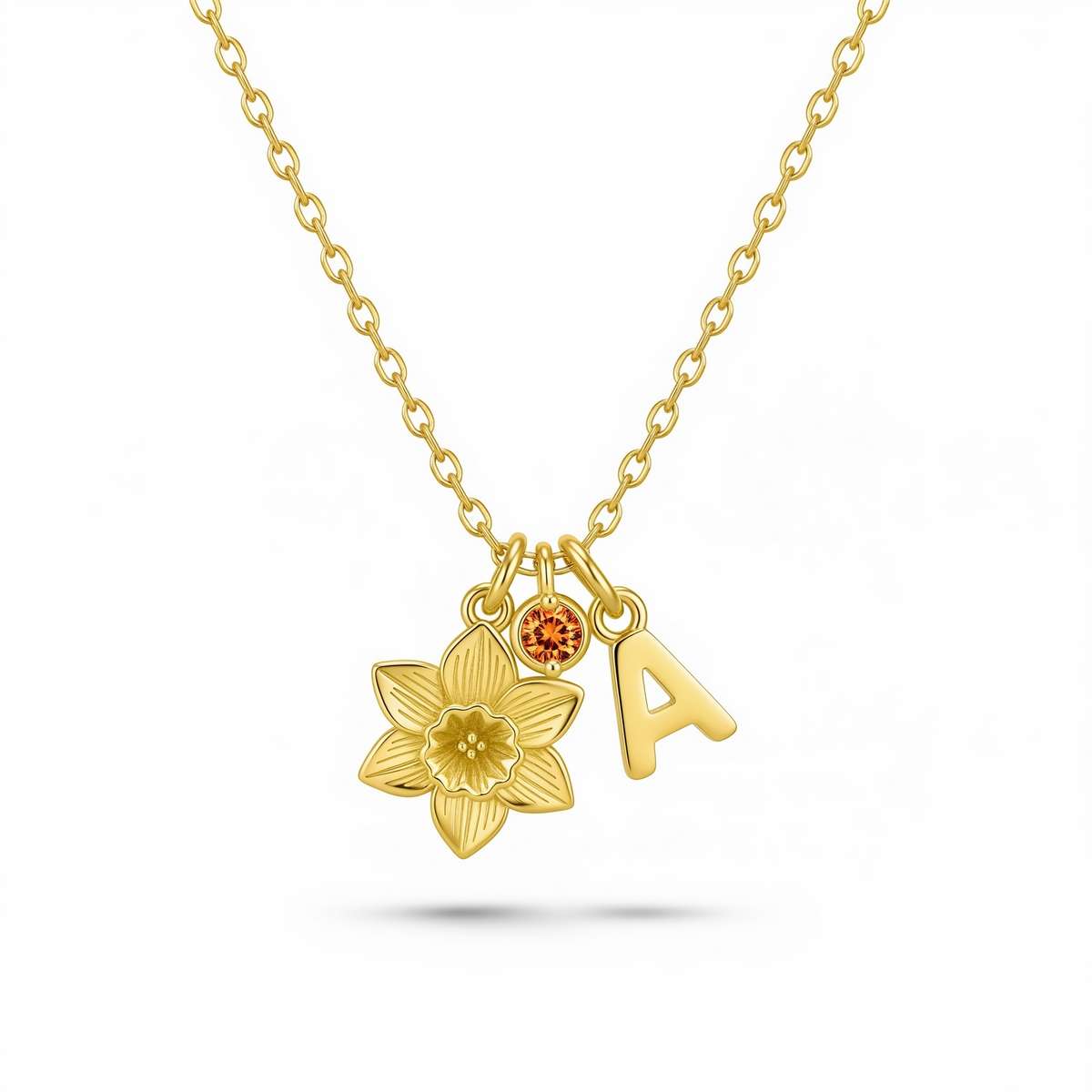 Custom Daffodil Charm Necklace – Personalized Flower Initial Necklace with Gold Birthstone Letter Necklace Detail