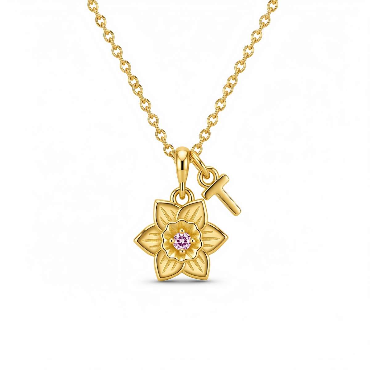 Custom Birth Month Flower Birthstone Charm Necklace – Gold Flower Initial Pendant Necklace – Personalized Daffodil Letter Charm Jewelry