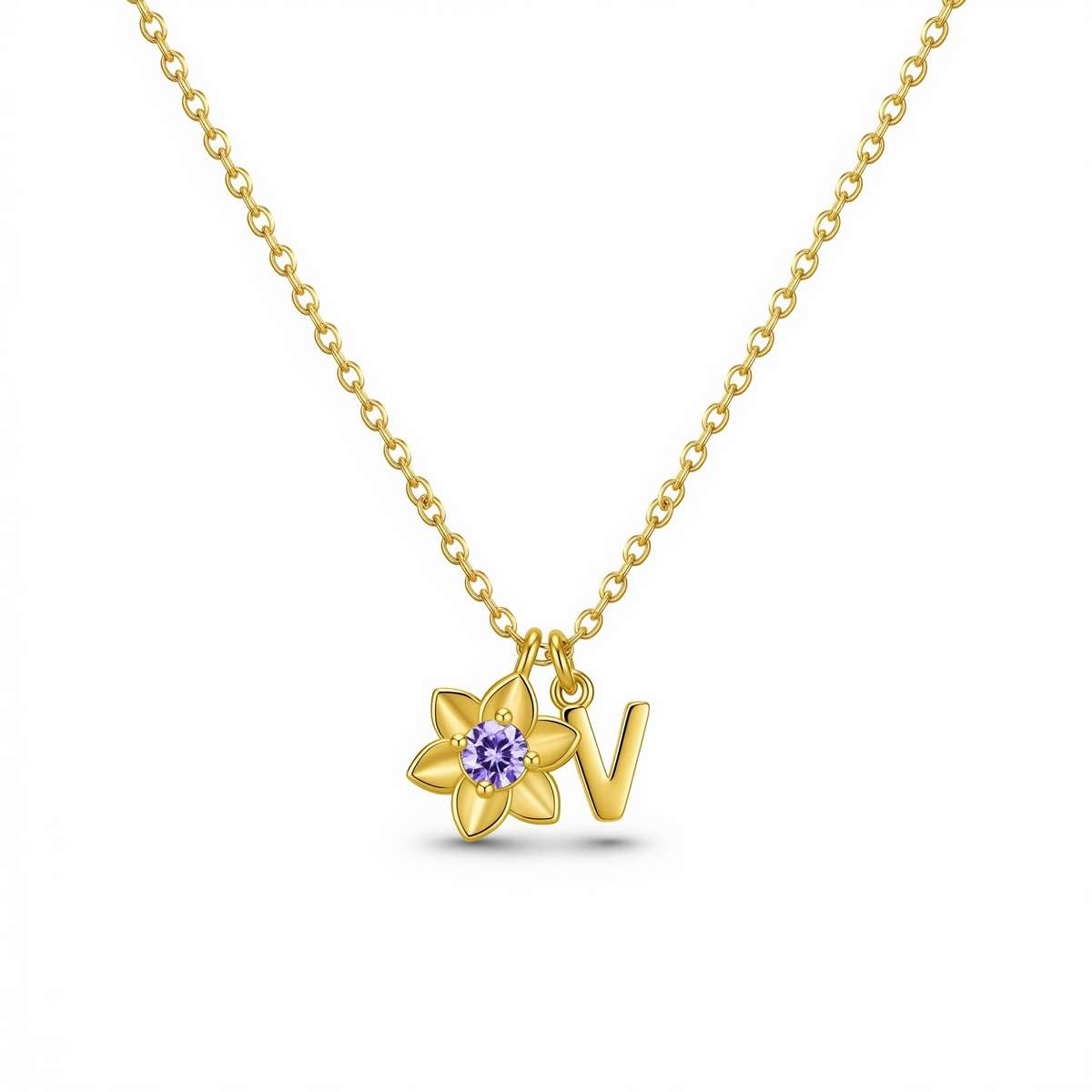 Custom Birth Month Flower Birthstone Charm Necklace – Personalized Initial Flower Birthstone Pendant – Gold Letter Necklace with Birth Flower Charm