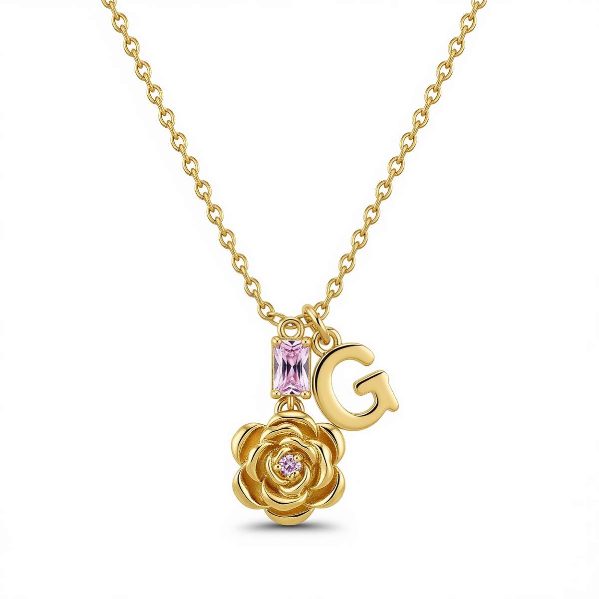 Custom Birth Month Flower Birthstone Charm Necklace - Gold Initial Flower Charm Necklace with Personalized Pink Gemstone Pendant