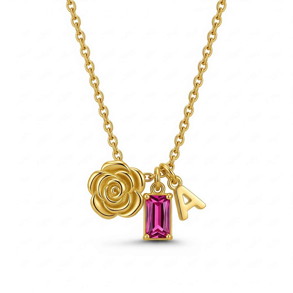 Custom Birth Month Flower Birthstone Charm Necklace – Personalized Gold Rose Initial Necklace with Custom Pink Birthstone Letter Charm Necklace for Elegant Gifting