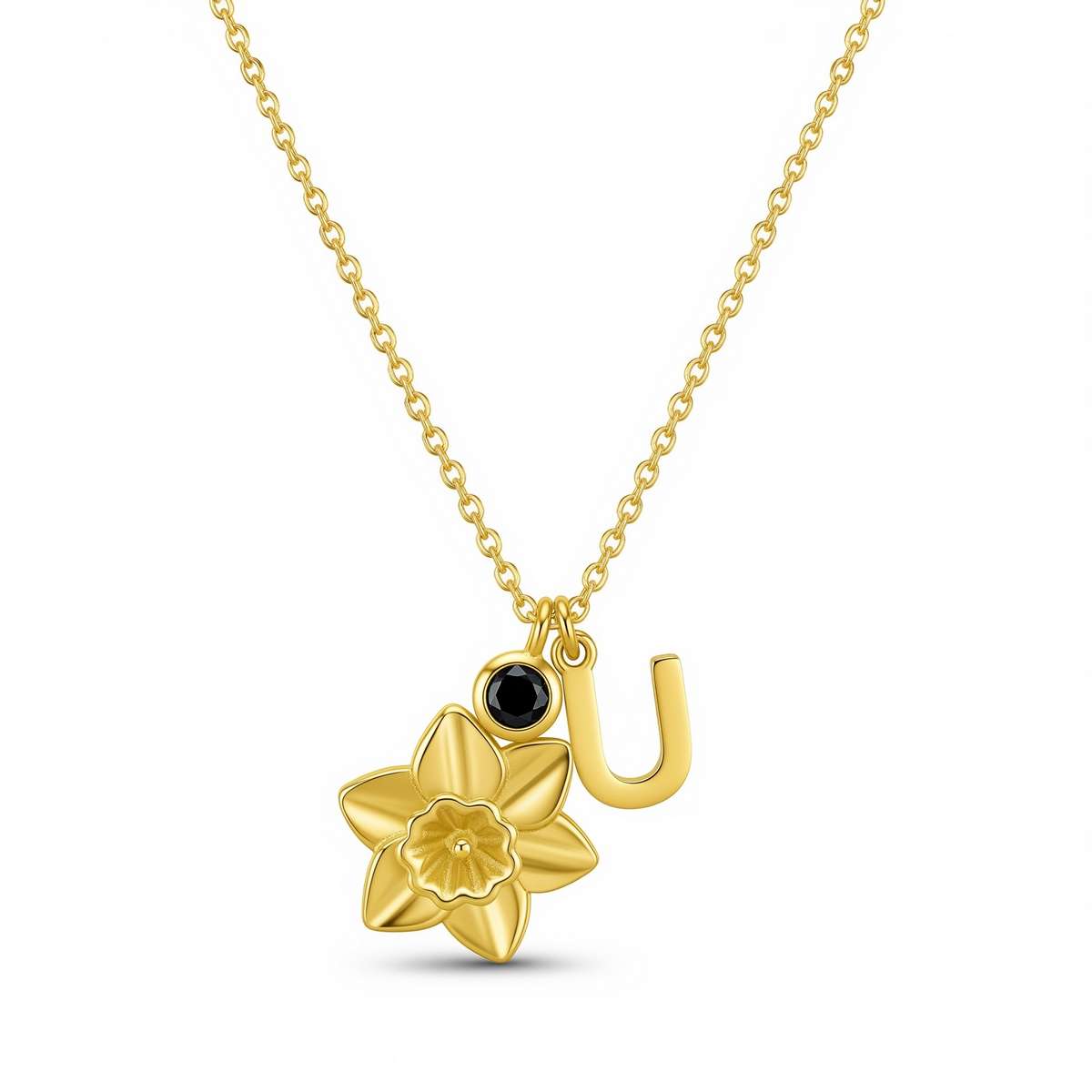 Custom Birth Month Flower Birthstone Charm Necklace – Gold Daffodil Initial Necklace with Black Stone – Personalized Floral Letter Pendant for Women