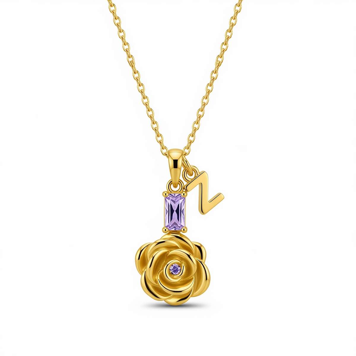 Custom Birth Month Flower Birthstone Charm Necklace - Gold Rose Pendant with Initial for Women