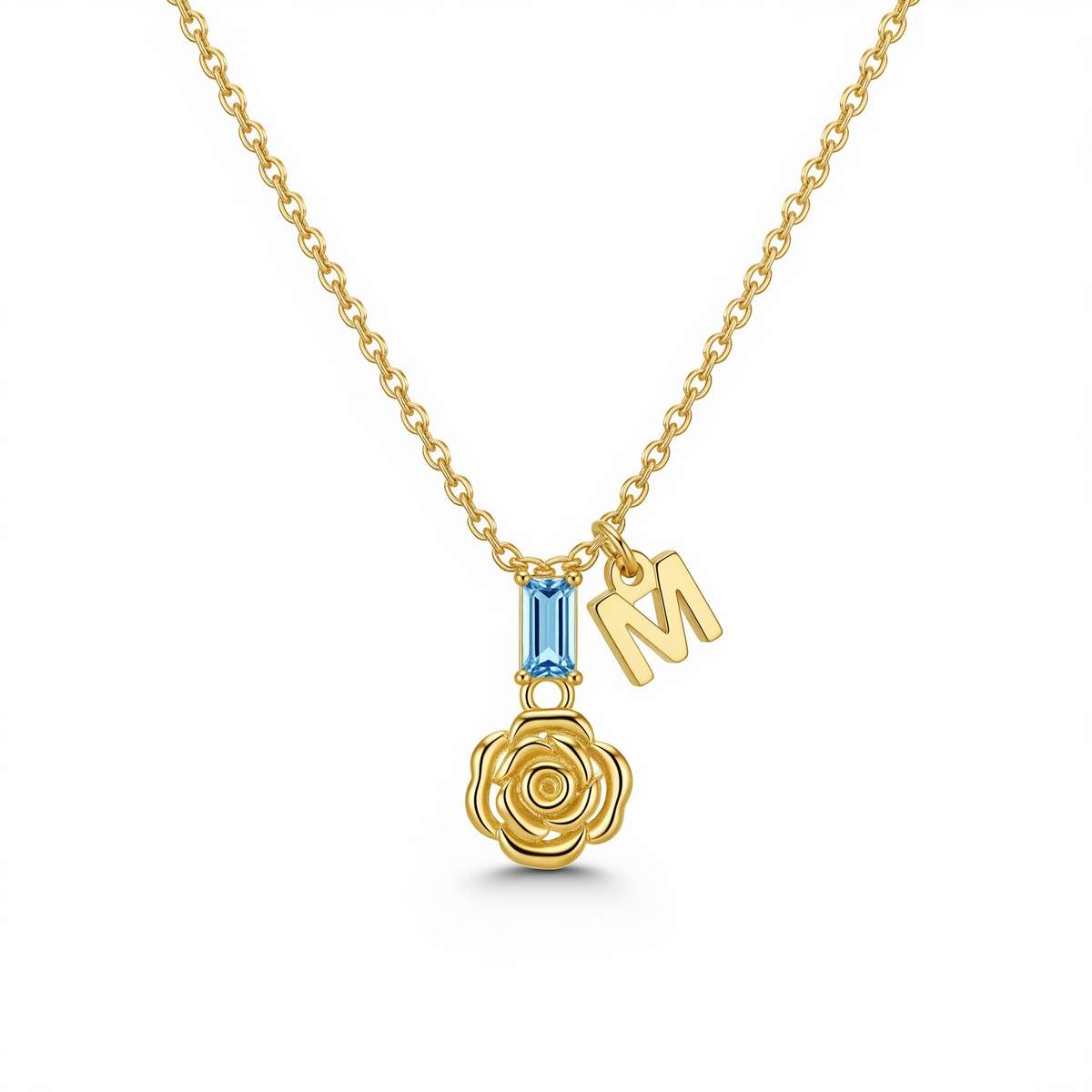 Custom Birth Month Flower Birthstone Charm Necklace - Personalized Initial Gold Rose Pendant