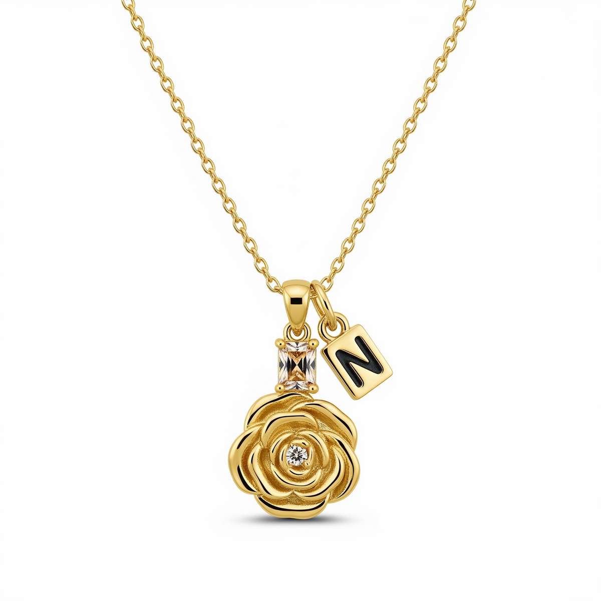 Key Fhertus Jewelry Gold Rose Necklace – Personalized Charm Necklace with Initial and Gemstone Detail