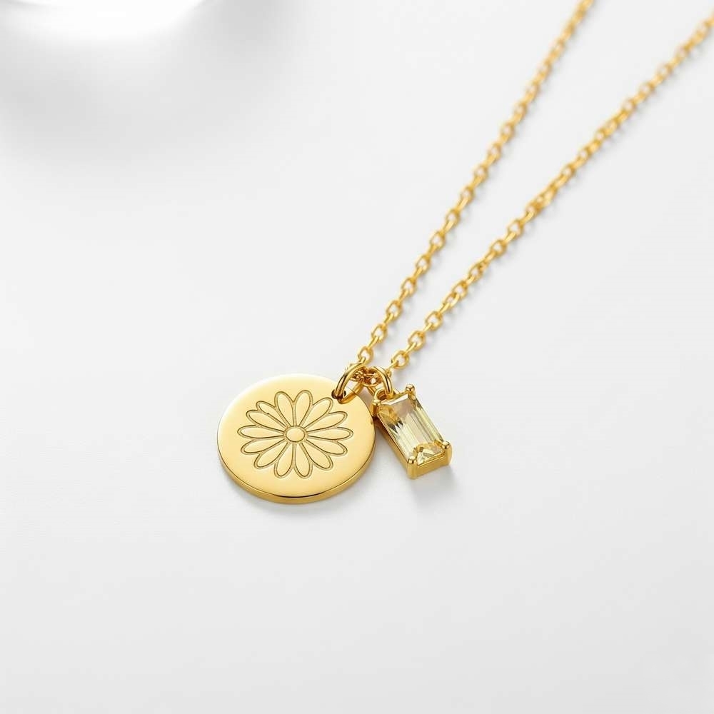 Gold Daisy Pendant Necklace with Engraved Flower Charm and Yellow Gemstone Accent