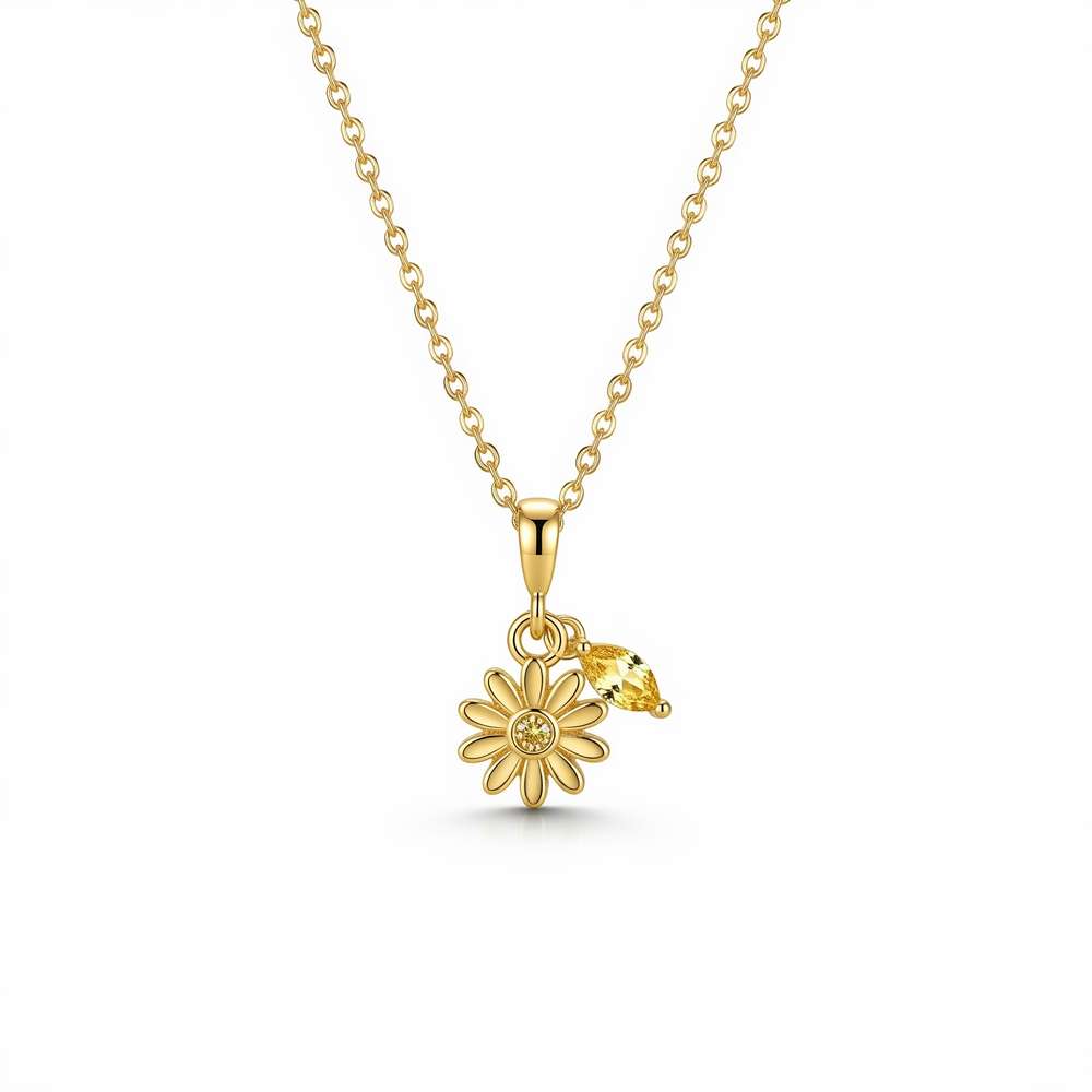 Delicate Golden Daisy Pendant Necklace with Marquise-Cut Gemstone Charm for Everyday Elegance