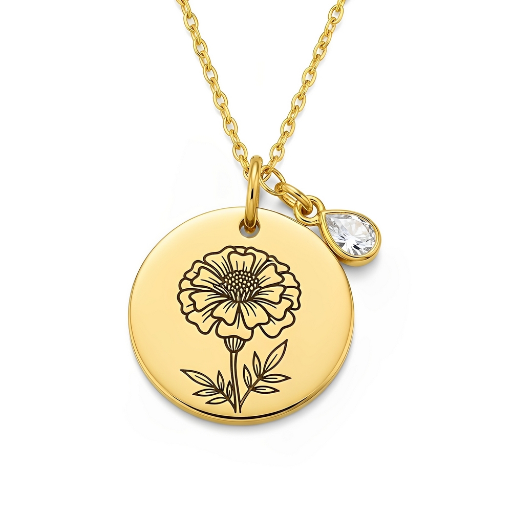 Custom Flower Charm Necklace with Gold Birthstone Charm | Personalized Birth Flower Necklace